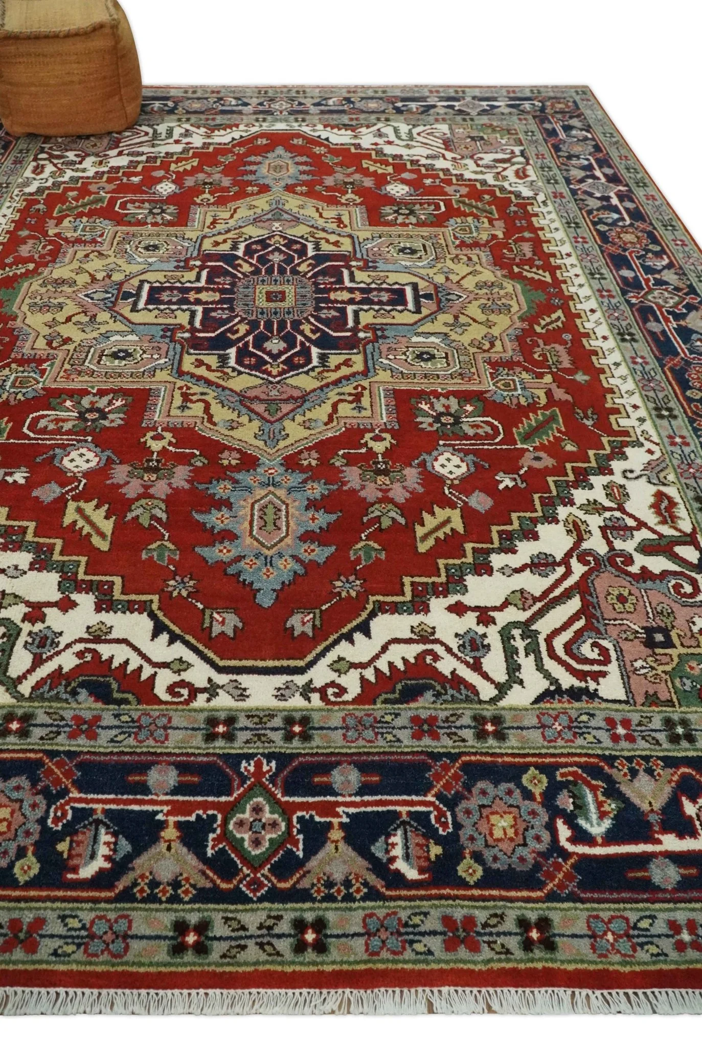 8x10 and 9x12 Hand Knotted Brown, Mustard, Ivory and Blue Traditional Wool Area Rug - Image 3