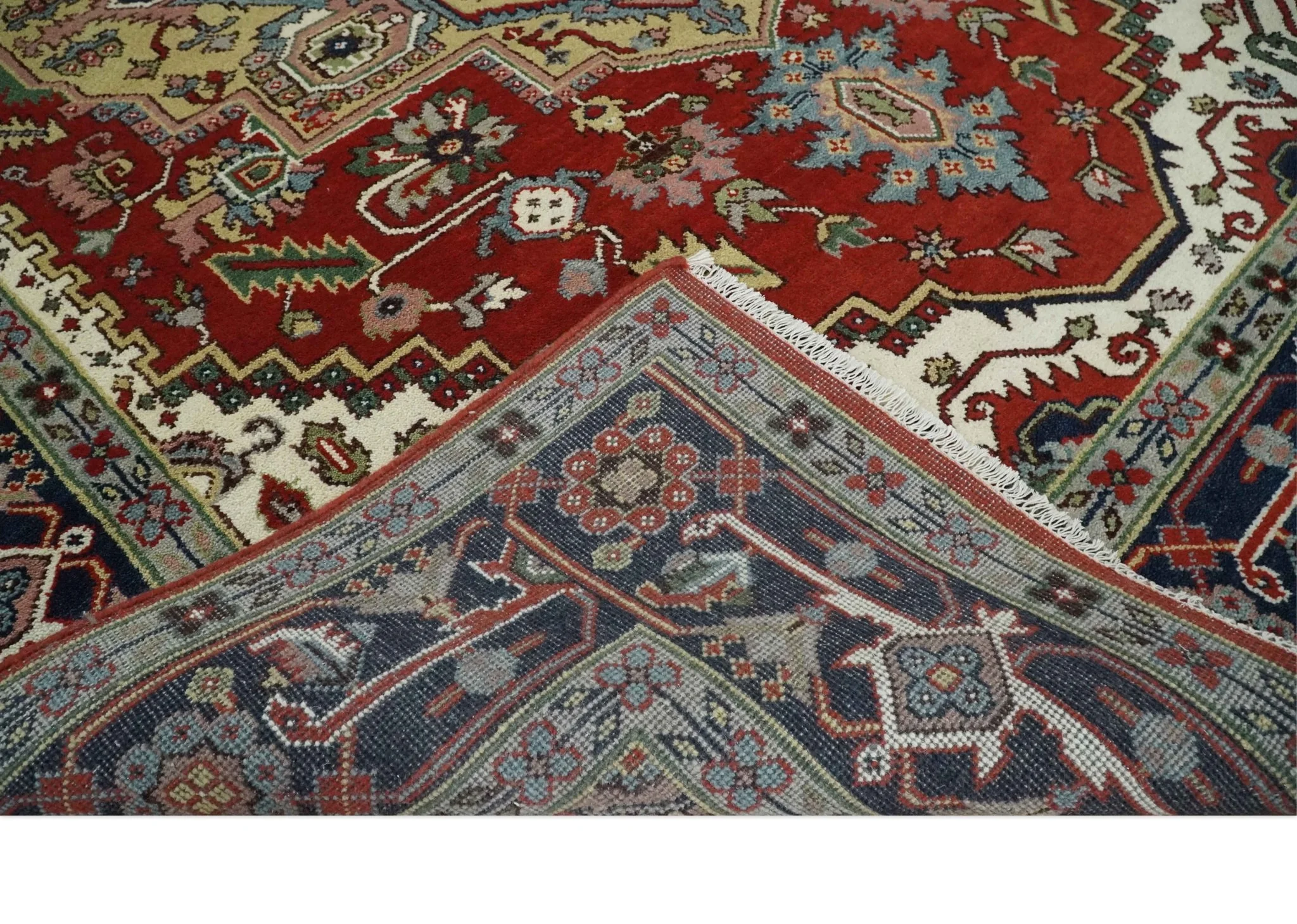 8x10 and 9x12 Hand Knotted Brown, Mustard, Ivory and Blue Traditional Wool Area Rug - Image 6