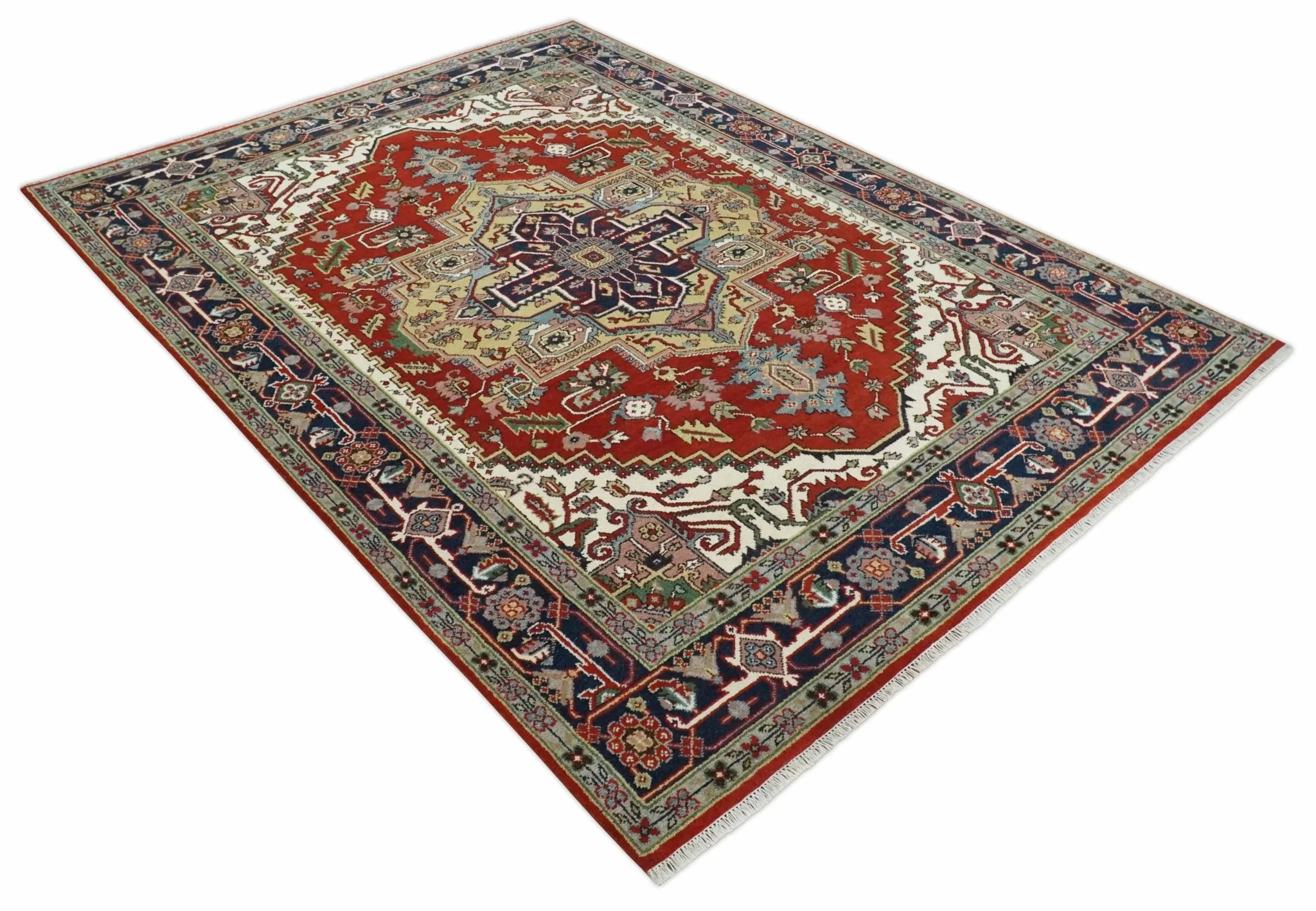 8x10 and 9x12 Hand Knotted Brown, Mustard, Ivory and Blue Traditional Wool Area Rug - Image 9