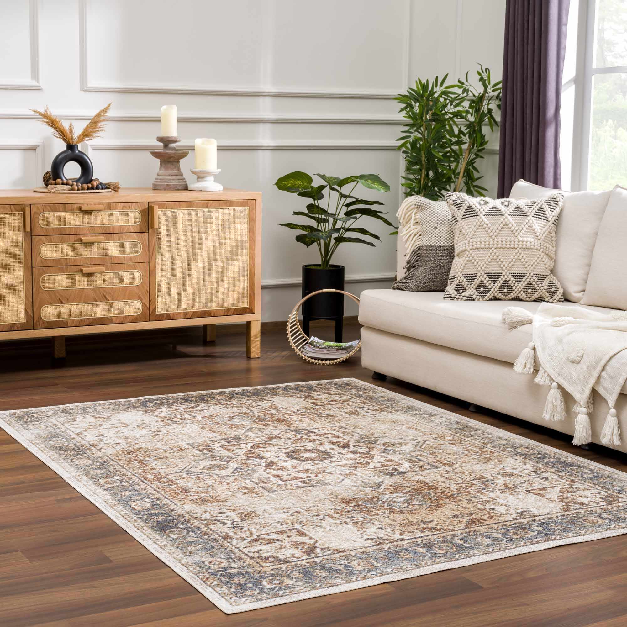 Antique Finish Brown, Silver and Charcoal Traditional Design Washable Area Rug - Image 10