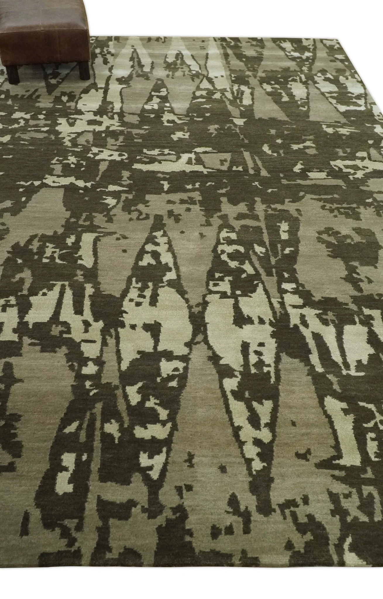 Modern Abstract Brownish - Green and Ivory Hand loom 6x9 wool and Art Silk Area Rug - Image 3