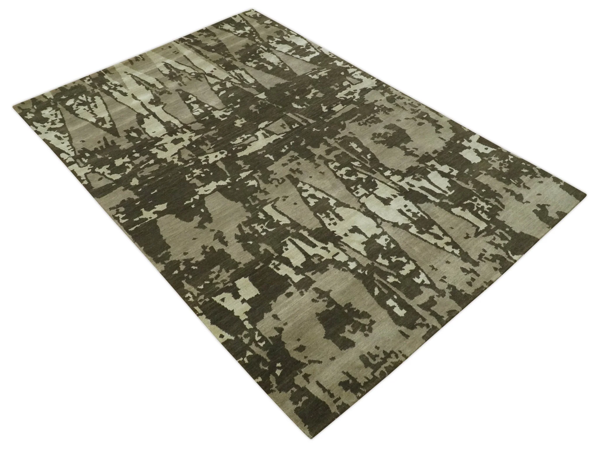 Modern Abstract Brownish - Green and Ivory Hand loom 6x9 wool and Art Silk Area Rug - Image 9