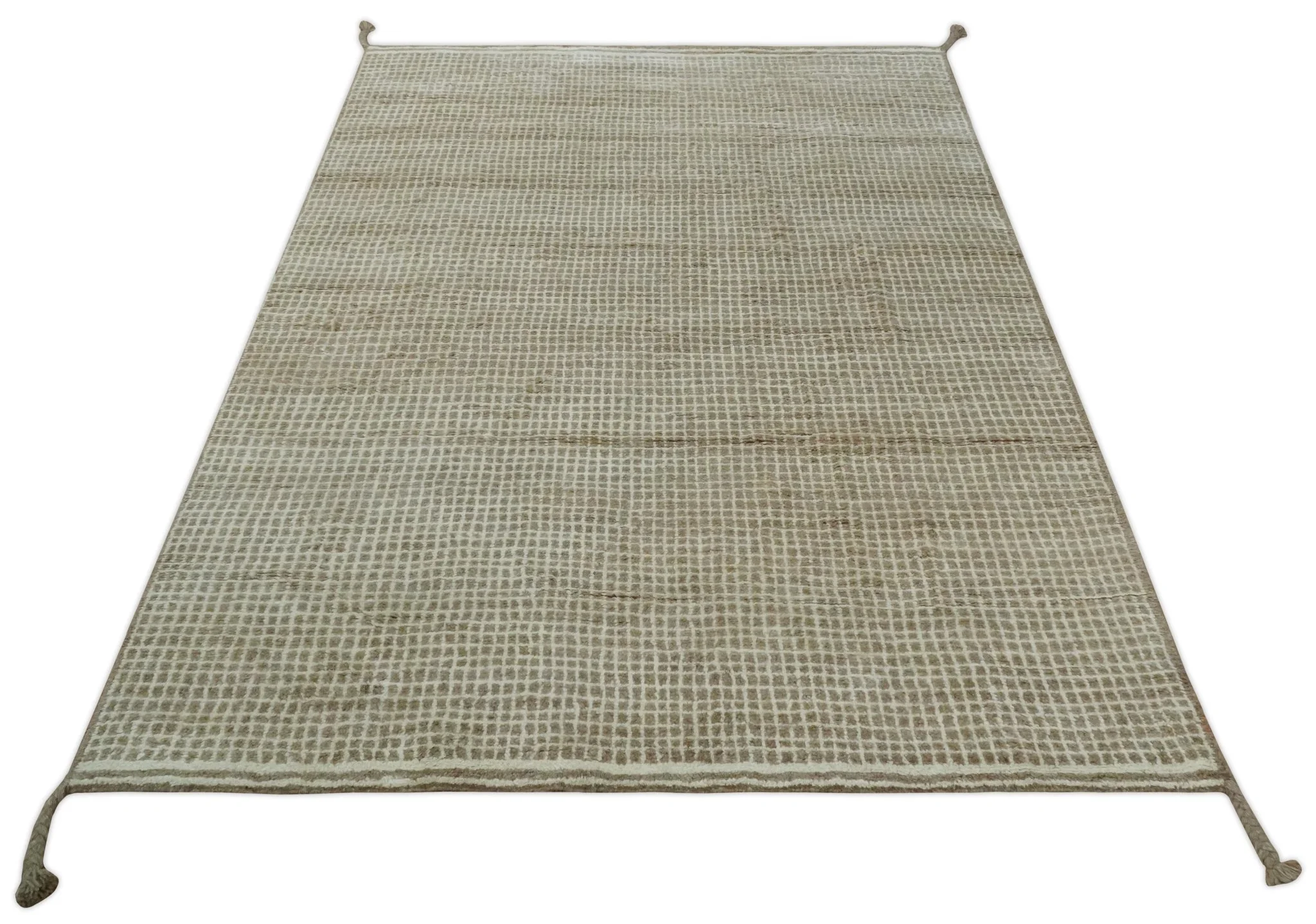 Contemporary Camel and Ivory Geometrical Square Design Hand Knotted 6.7x9.8 Wool Area Rug - Image 10