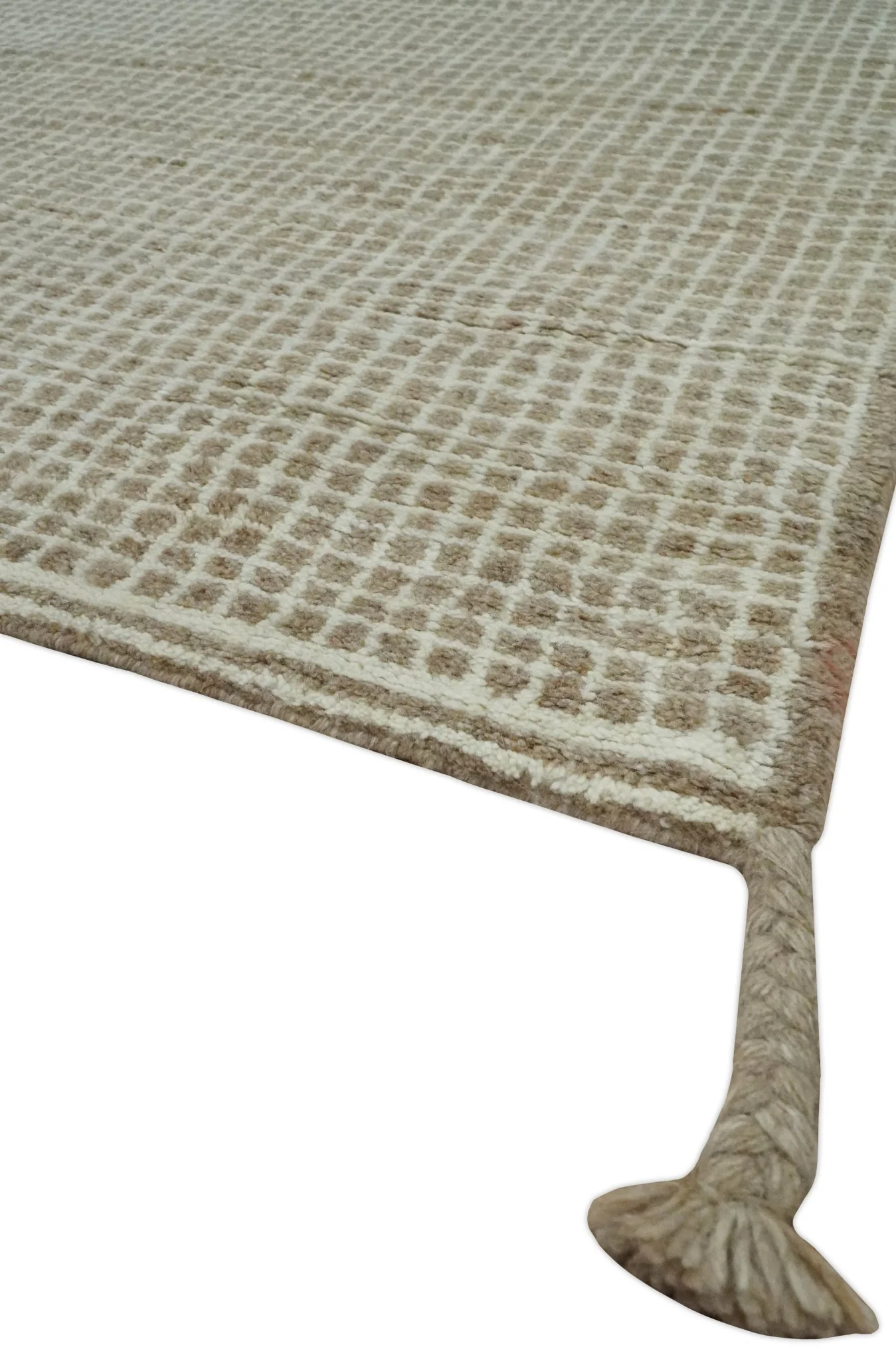 Contemporary Camel and Ivory Geometrical Square Design Hand Knotted 6.7x9.8 Wool Area Rug - Image 5