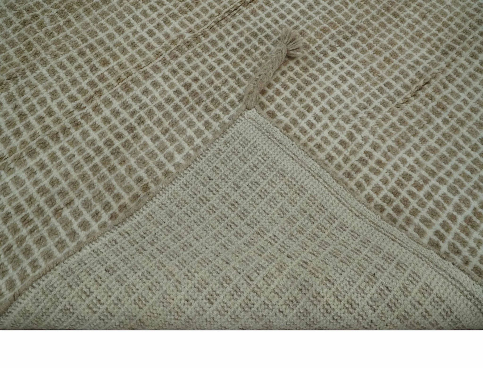Contemporary Camel and Ivory Geometrical Square Design Hand Knotted 6.7x9.8 Wool Area Rug - Image 7