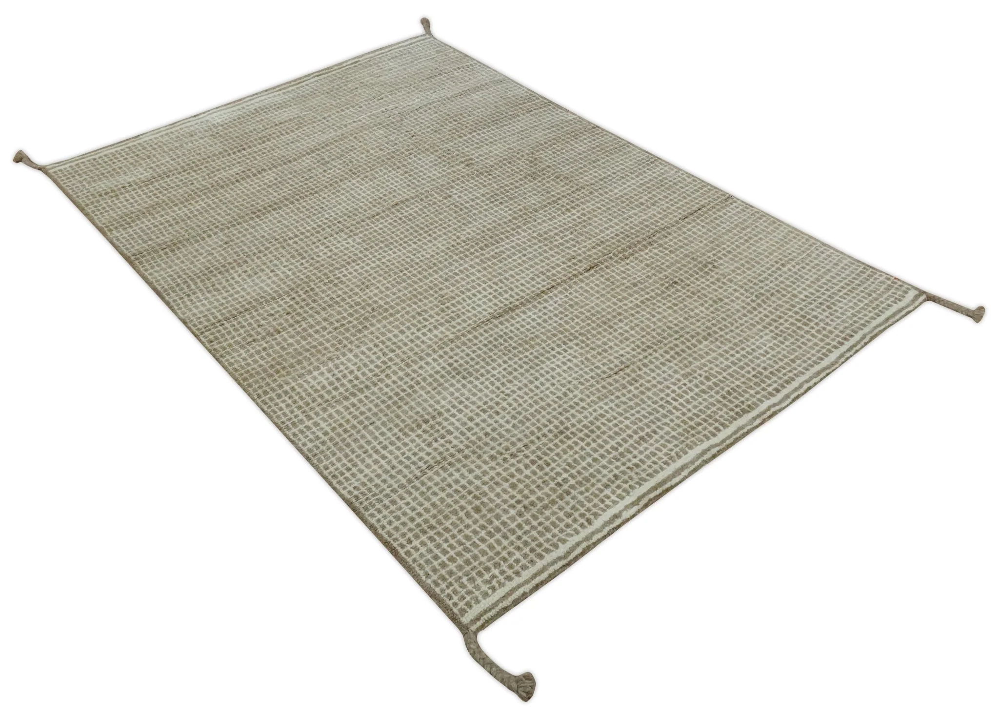 Contemporary Camel and Ivory Geometrical Square Design Hand Knotted 6.7x9.8 Wool Area Rug - Image 9