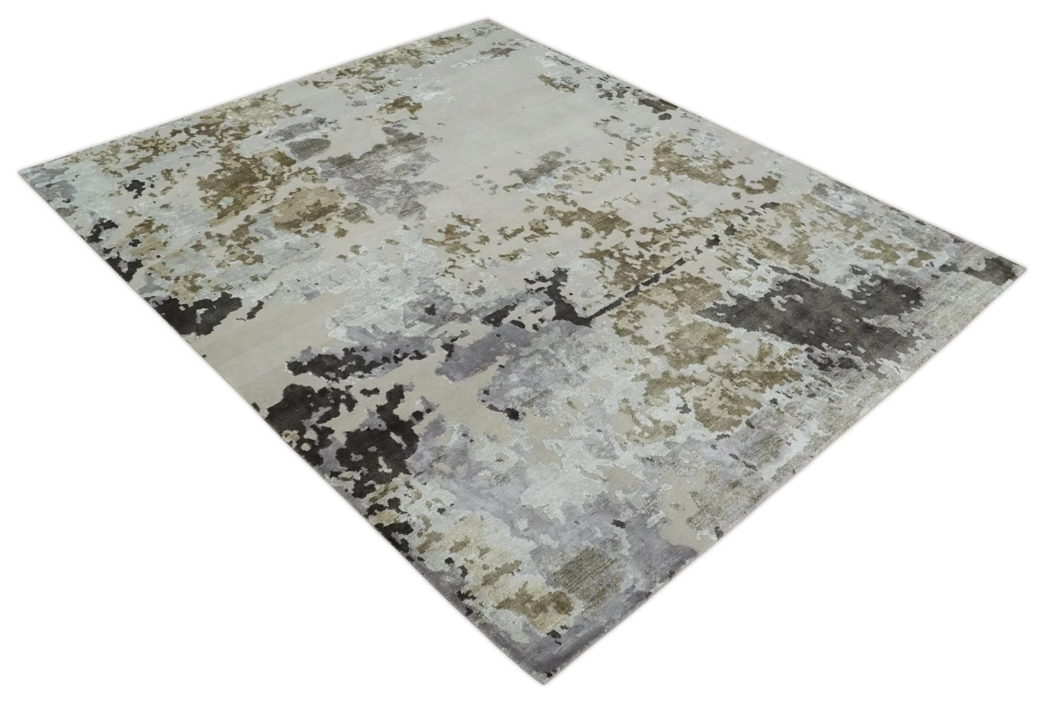 Premium Hand knotted Camel, Silver, Olive and Charcoal modern Abstract wool and Silk Blended 8x10 Area Rug - Image 3
