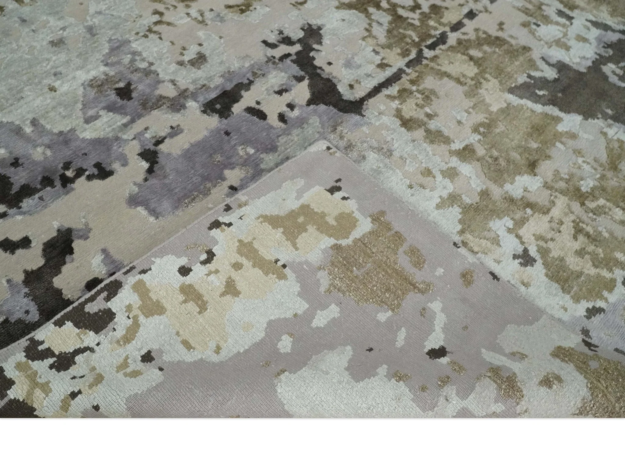 Premium Hand knotted Camel, Silver, Olive and Charcoal modern Abstract wool and Silk Blended 8x10 Area Rug - Image 6
