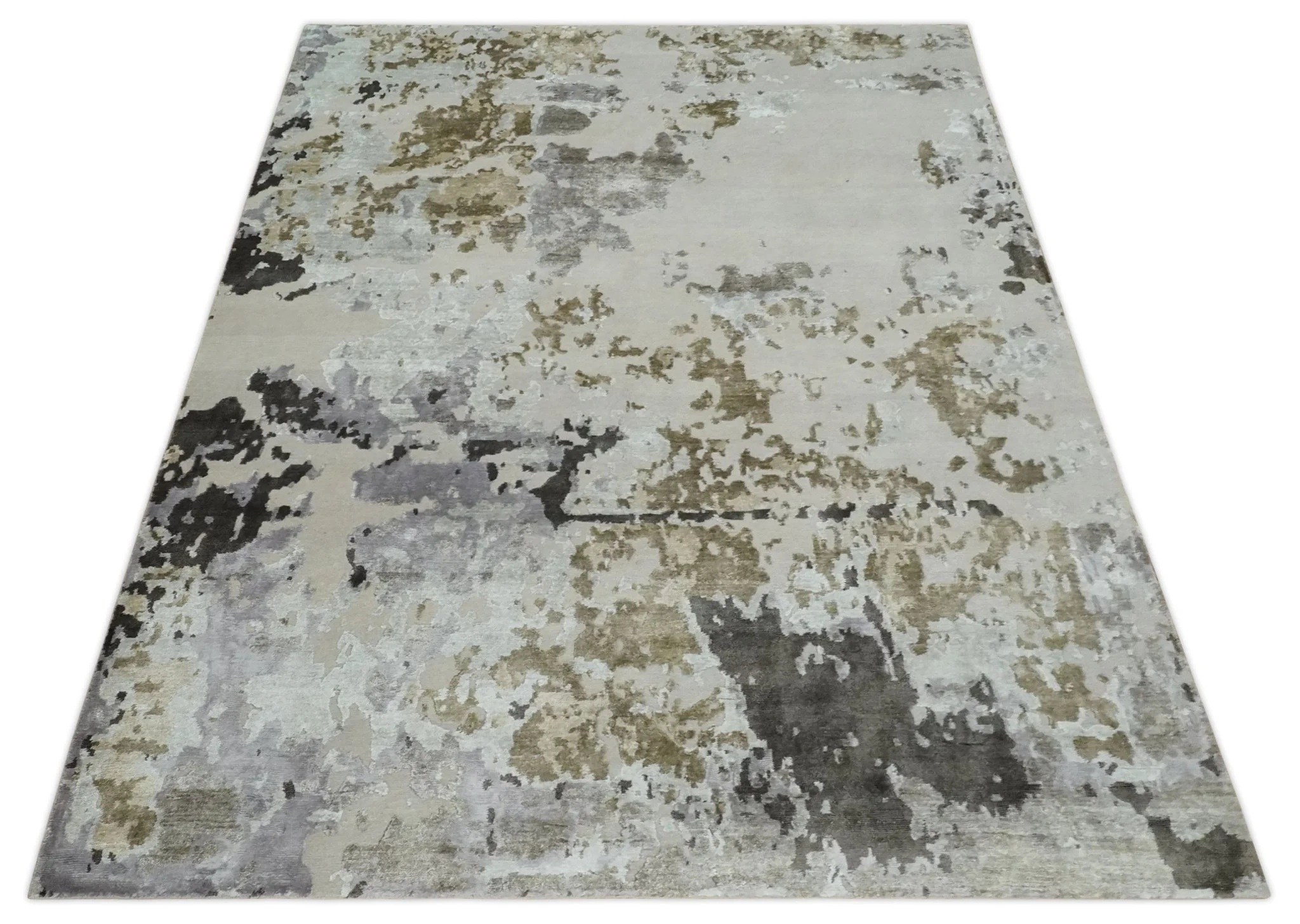 Premium Hand knotted Camel, Silver, Olive and Charcoal modern Abstract wool and Silk Blended 8x10 Area Rug - Image 9