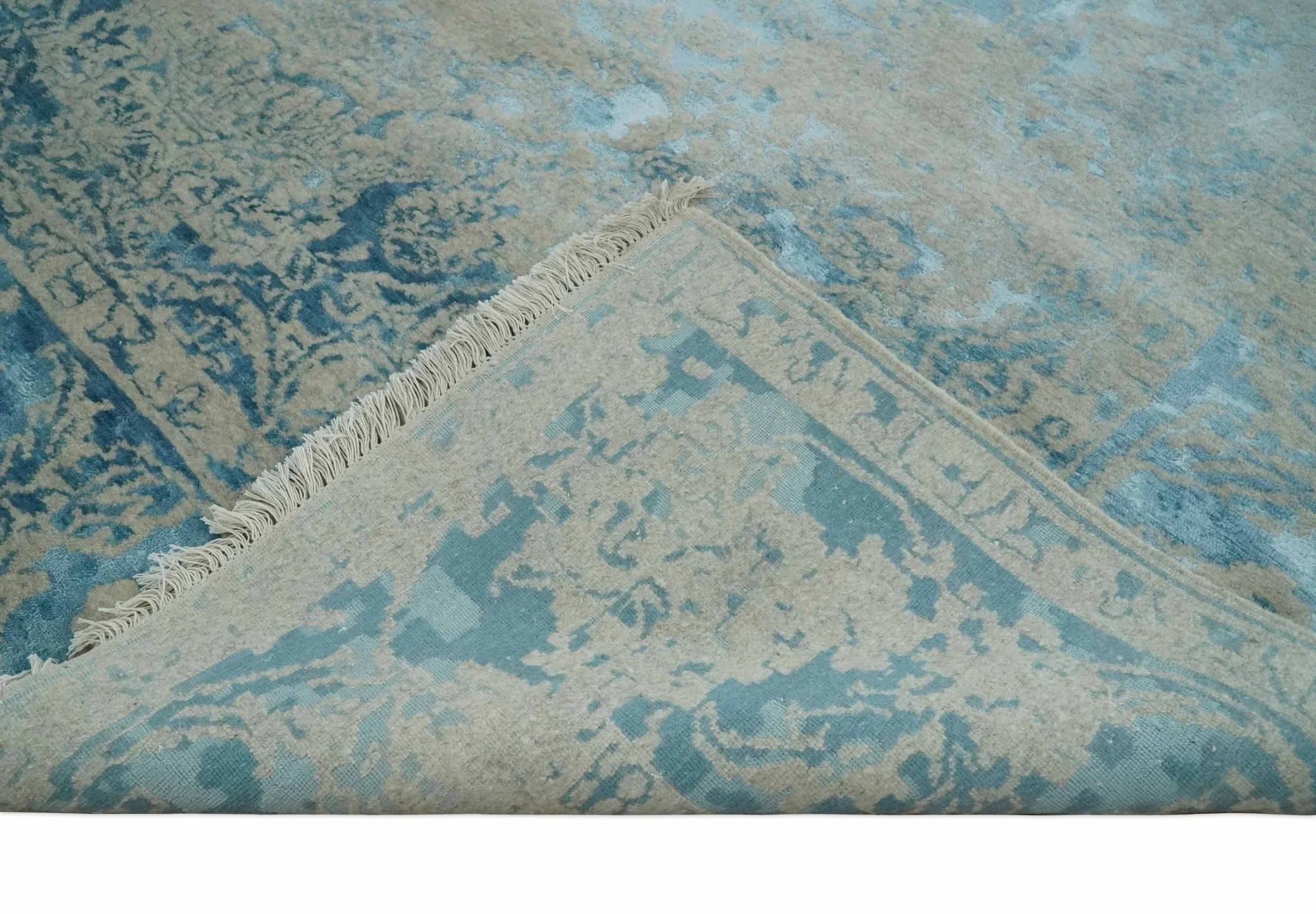 8x10 Premium Hand knotted Blue and Beige Traditional wool and Silk Area Rug - Image 7
