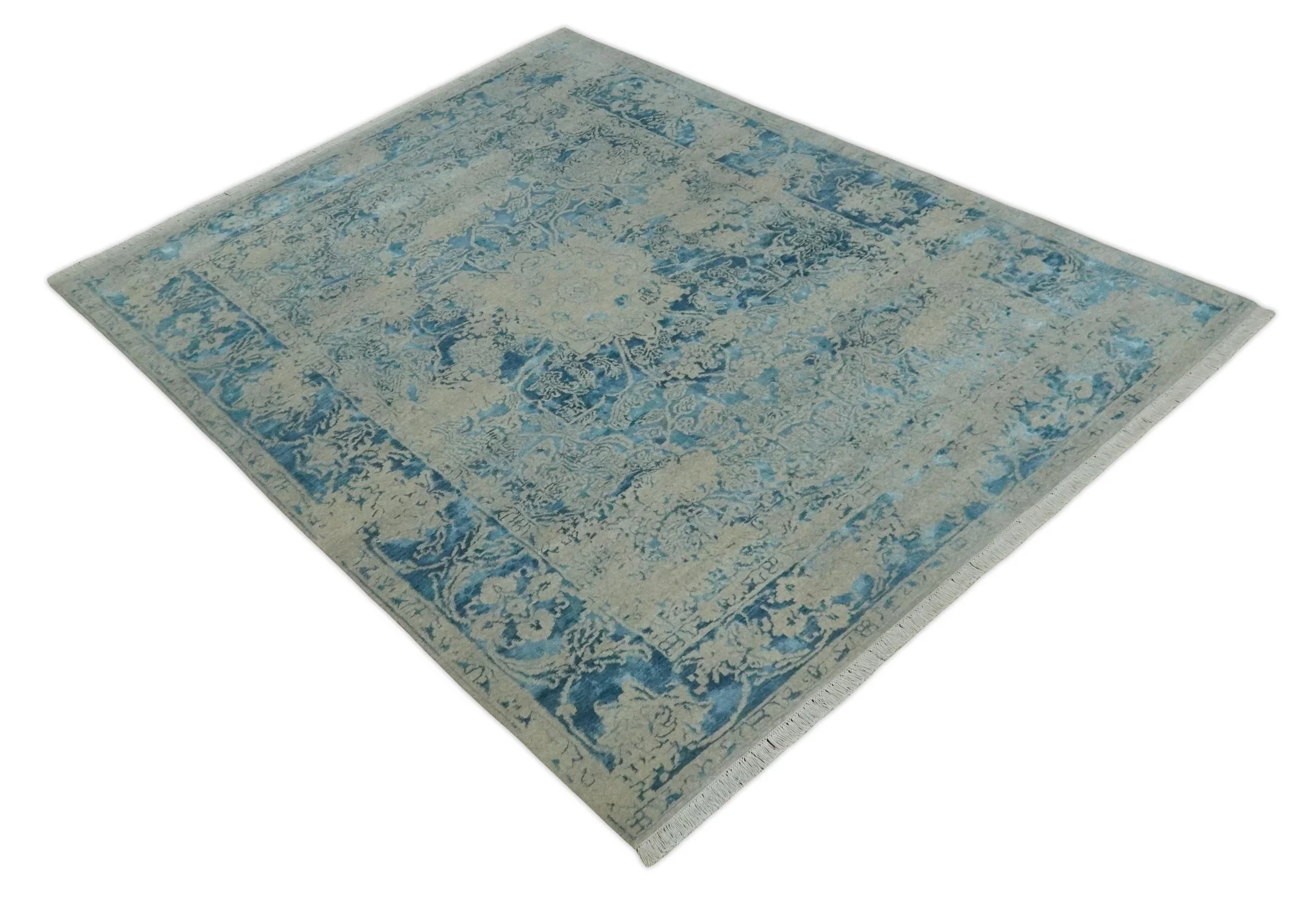 8x10 Premium Hand knotted Blue and Beige Traditional wool and Silk Area Rug - Image 8