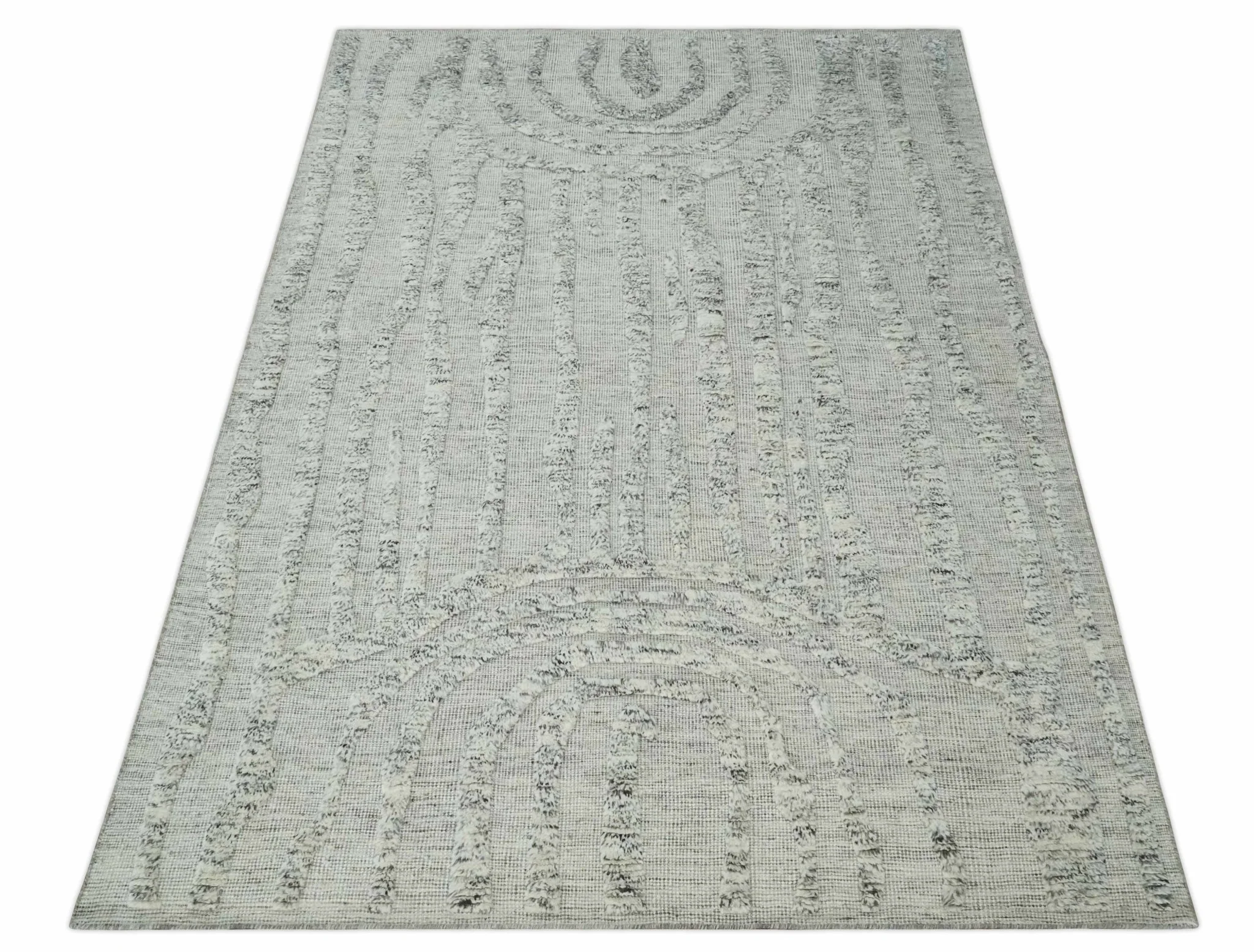 Contemporary Pattern Hand knotted High Low Ivory and Charcoal 8x10 wool Area Rug - Image 10