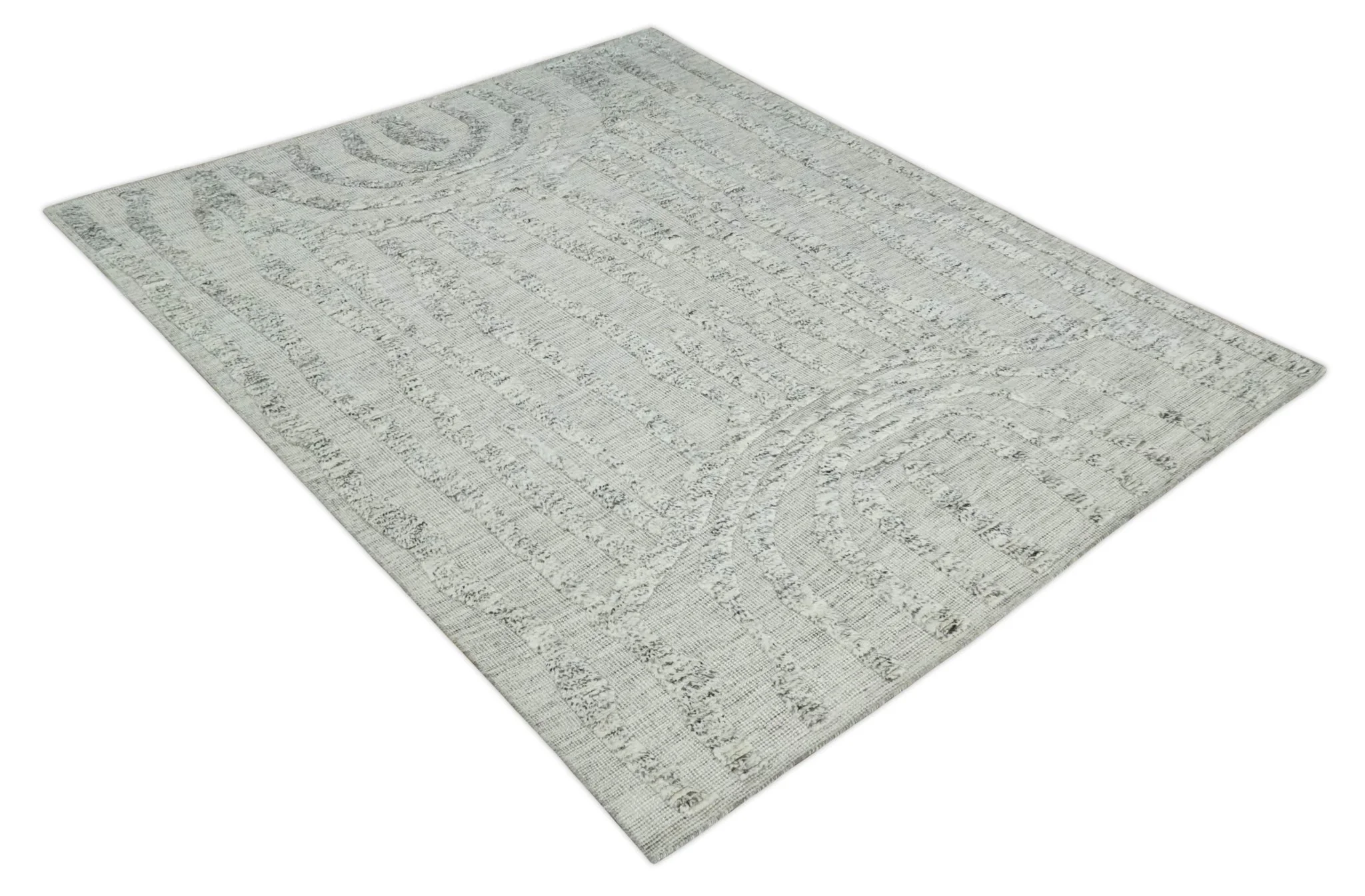 Contemporary Pattern Hand knotted High Low Ivory and Charcoal 8x10 wool Area Rug - Image 9