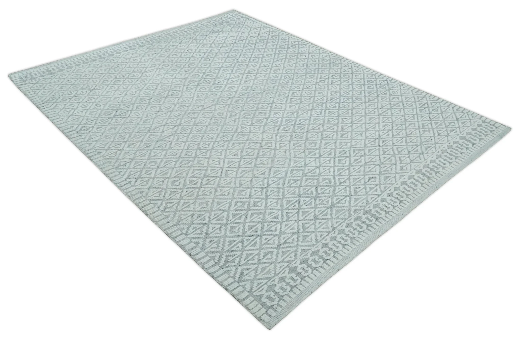 Contemporary 8x10 carved pattern Ivory and Gray hand knotted wool rug - Image 8