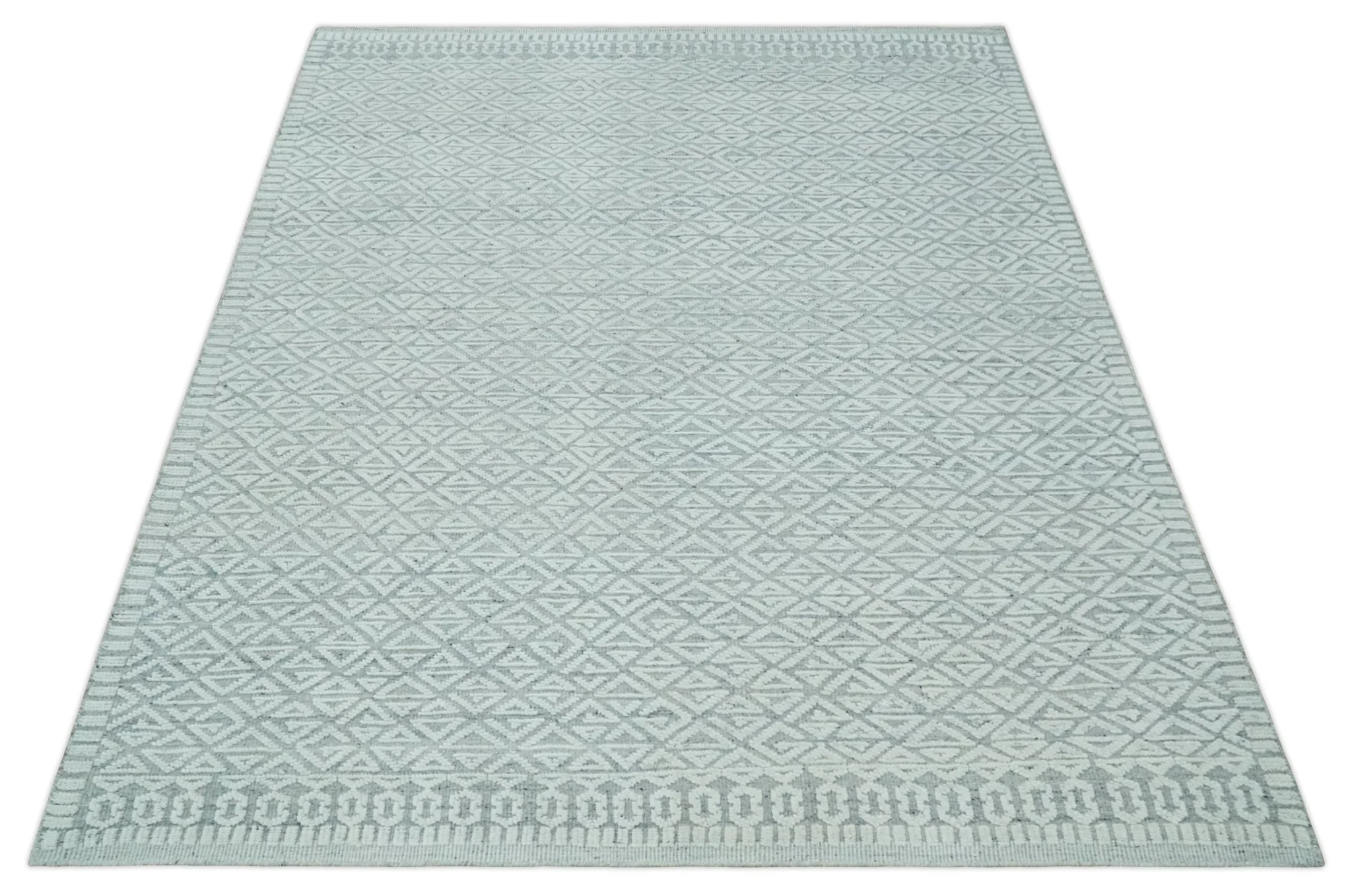 Contemporary 8x10 carved pattern Ivory and Gray hand knotted wool rug - Image 9
