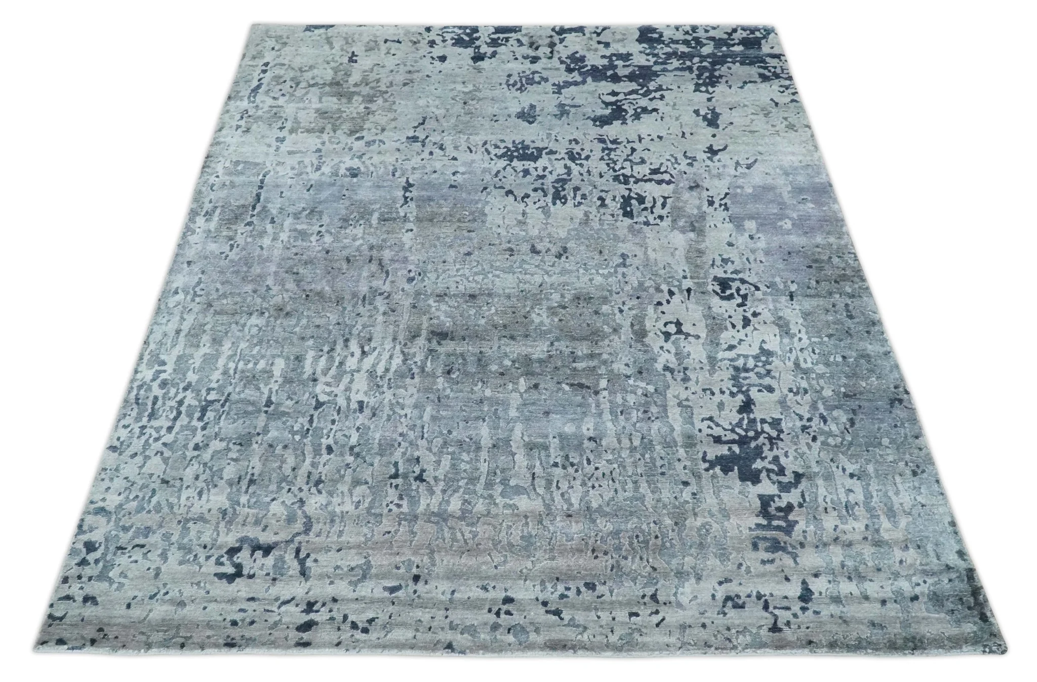 8x10 Abstract Pattern Hand knotted Silver and Blue modern Bamboo Silk Area Rug - Image 10