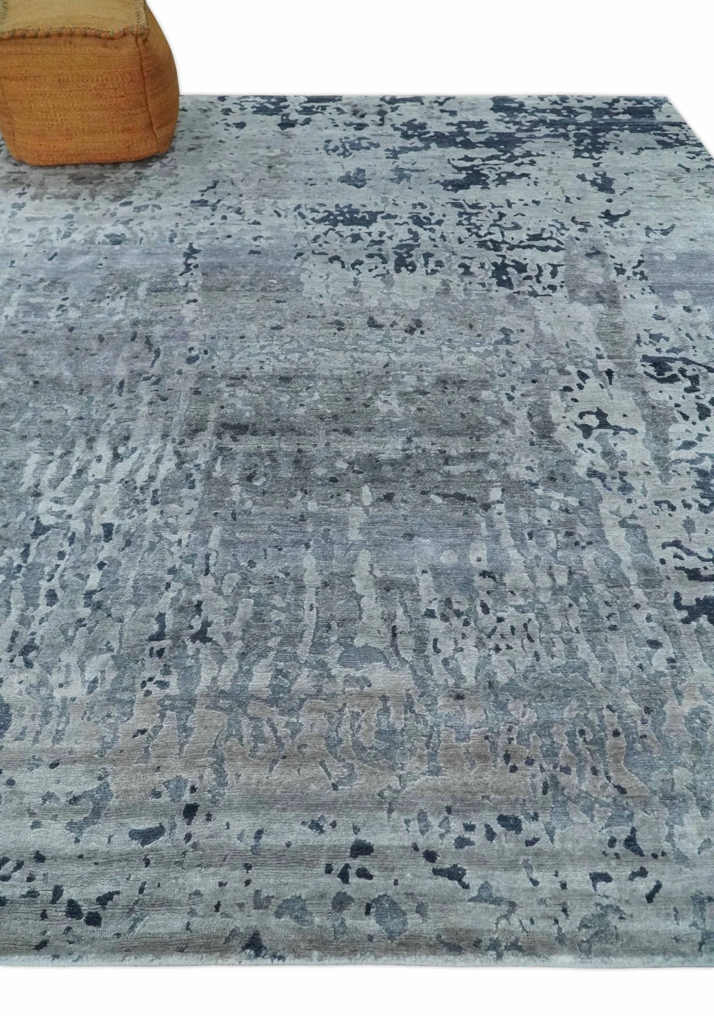 8x10 Abstract Pattern Hand knotted Silver and Blue modern Bamboo Silk Area Rug - Image 3