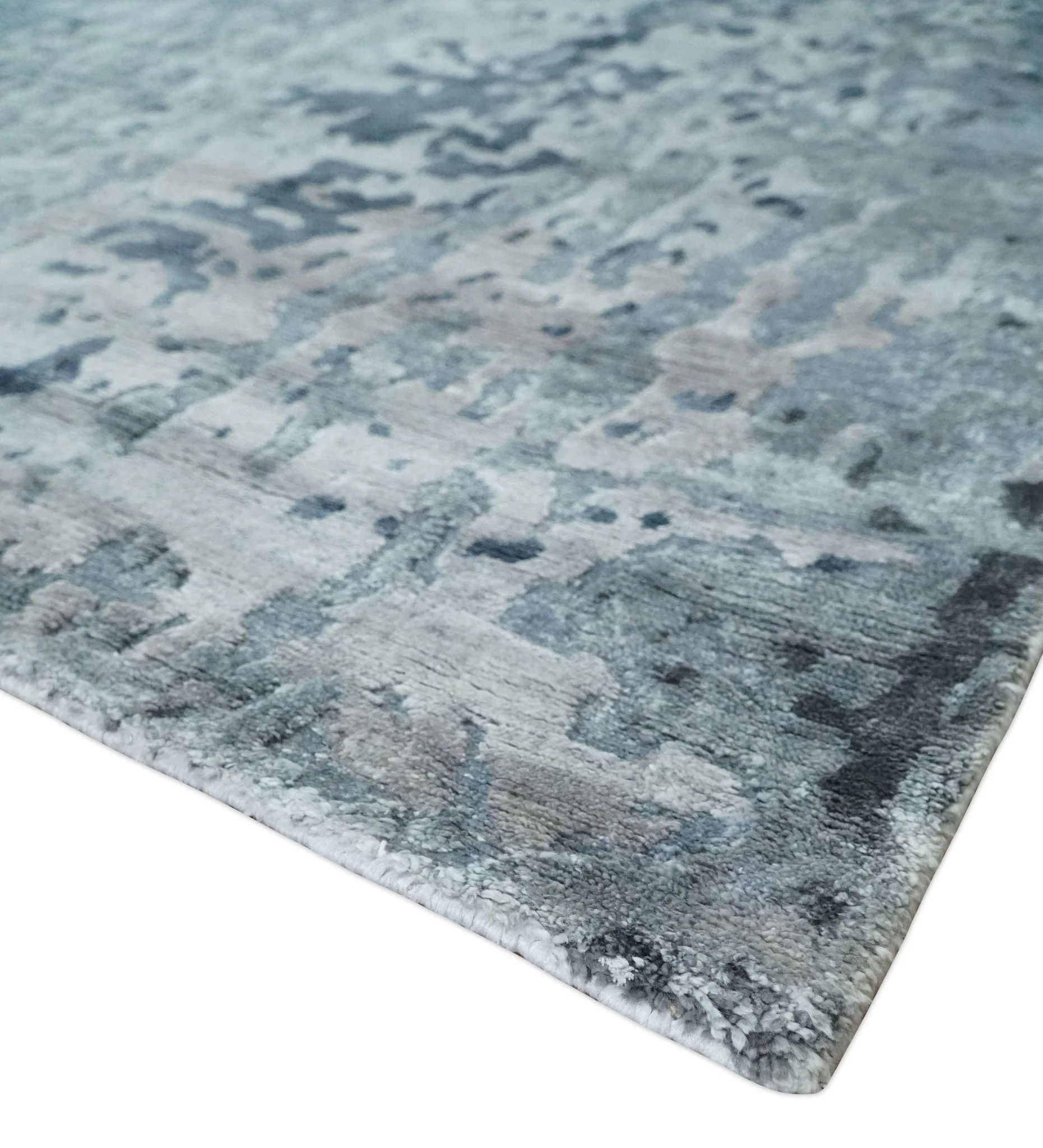 8x10 Abstract Pattern Hand knotted Silver and Blue modern Bamboo Silk Area Rug - Image 5
