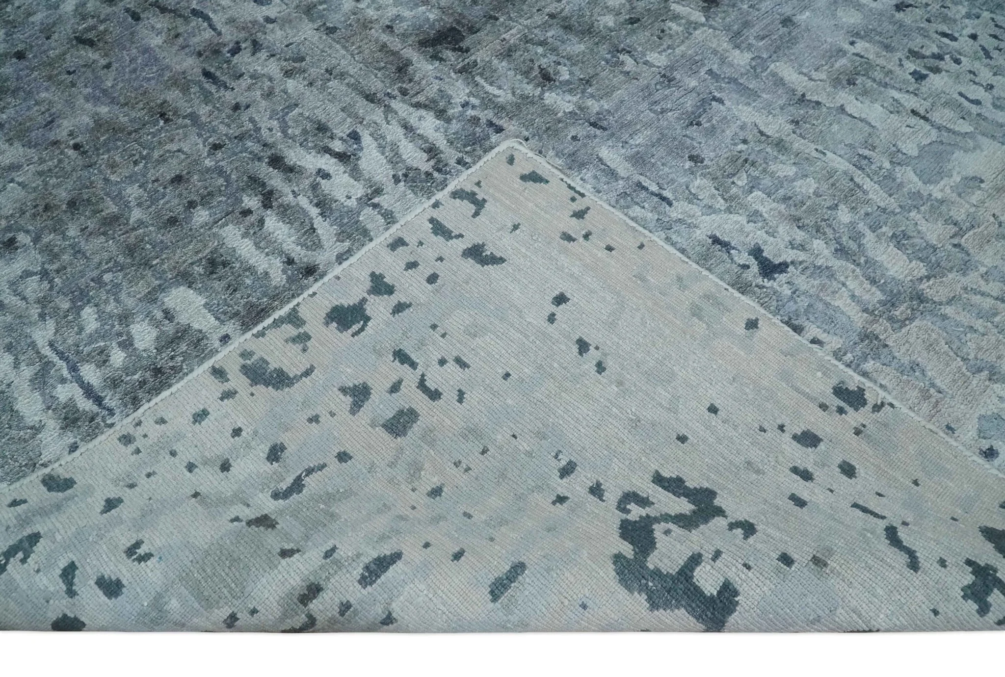 8x10 Abstract Pattern Hand knotted Silver and Blue modern Bamboo Silk Area Rug - Image 7