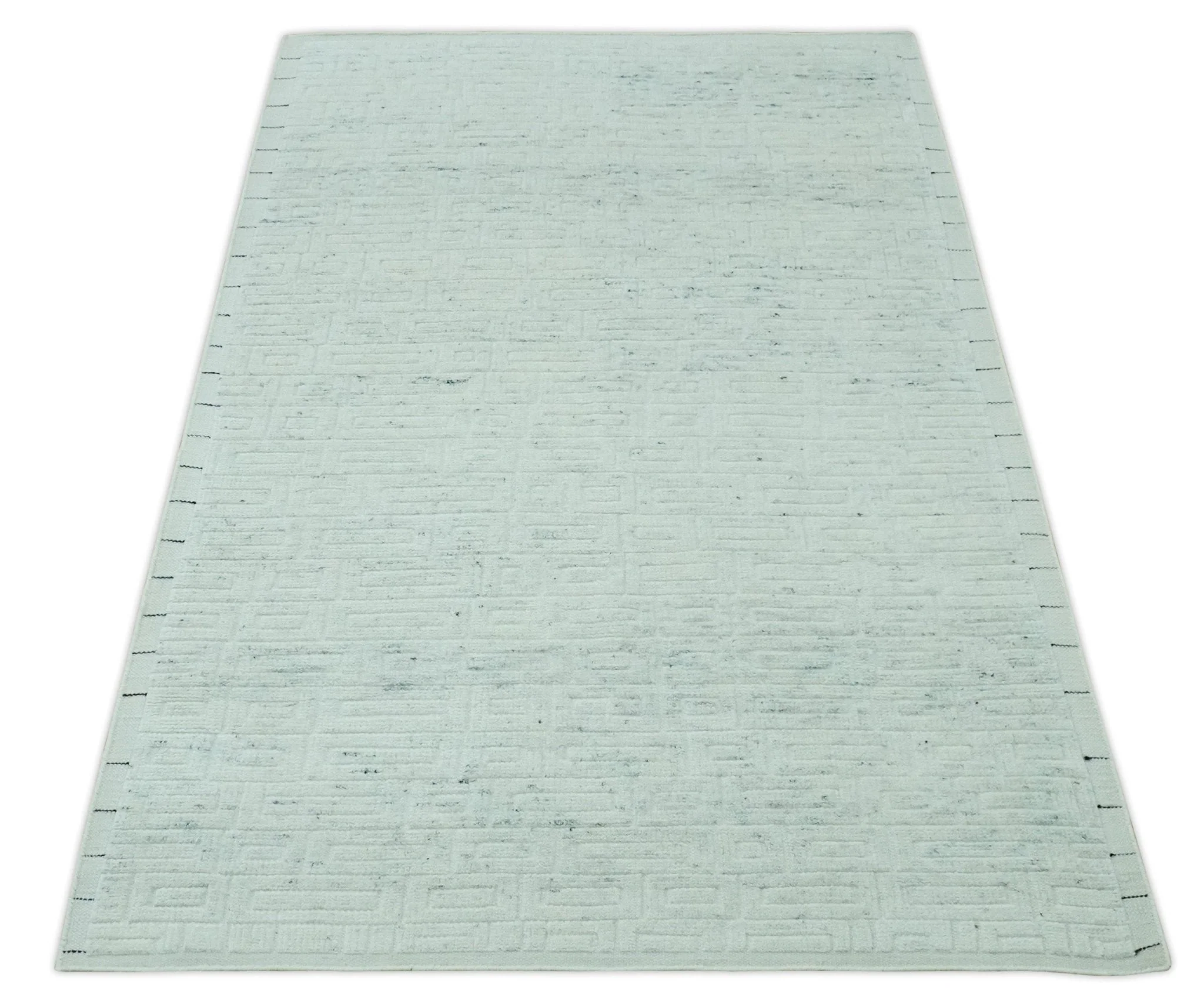 Carved Texture Modern Geometrical Design  Custom Made  Ivory and Light Blue Wool Area Rug - Image 3