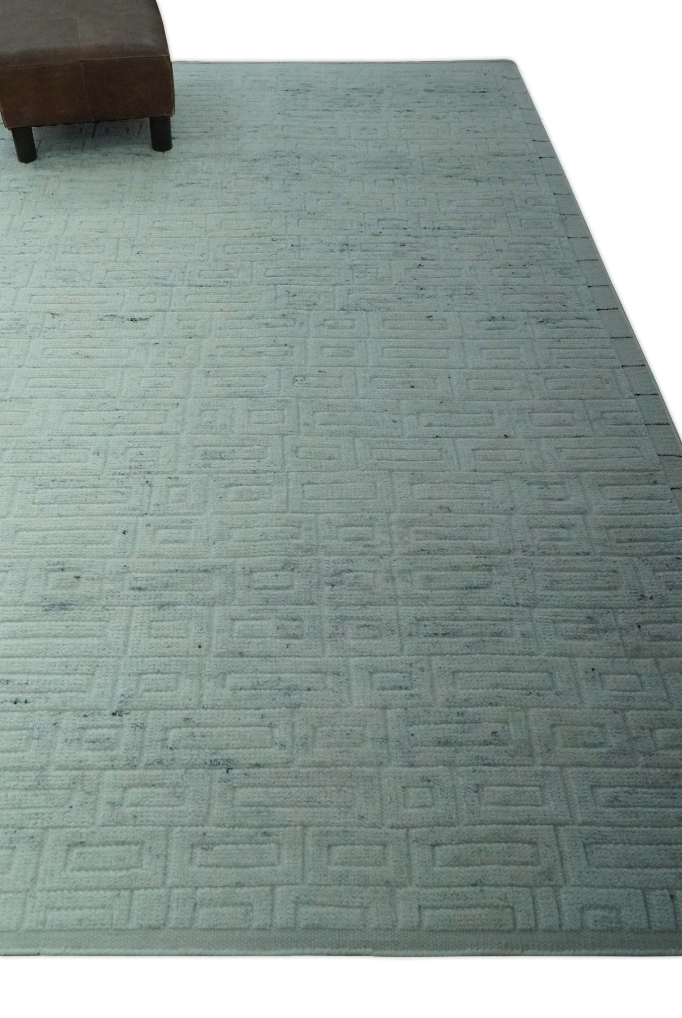 Carved Texture Modern Geometrical Design  Custom Made  Ivory and Light Blue Wool Area Rug - Image 5