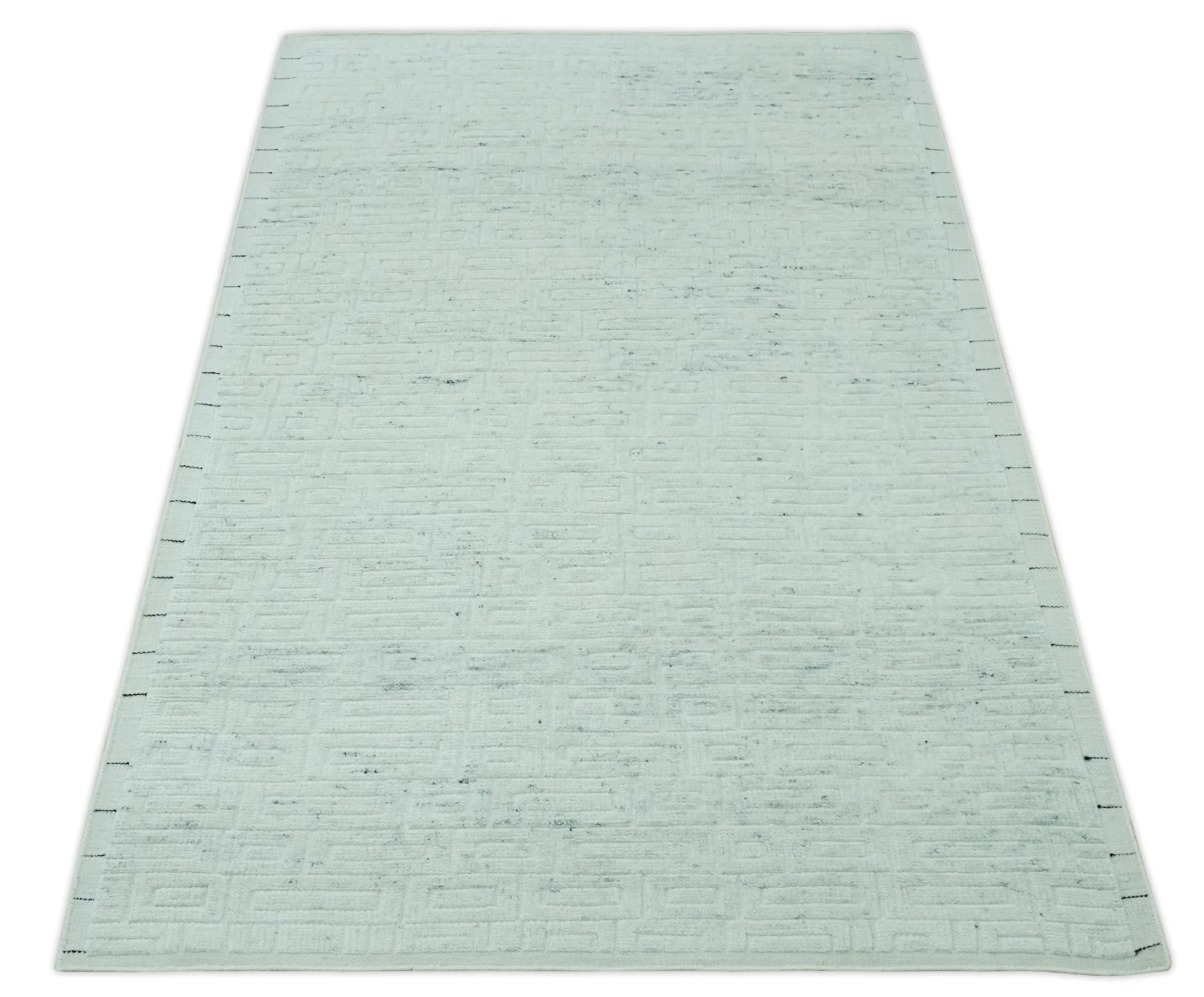 Carved Texture Modern Geometrical Bricks Design Ivory and Light Blue Hand Knotted 5x8 wool Area Rug - Image 10