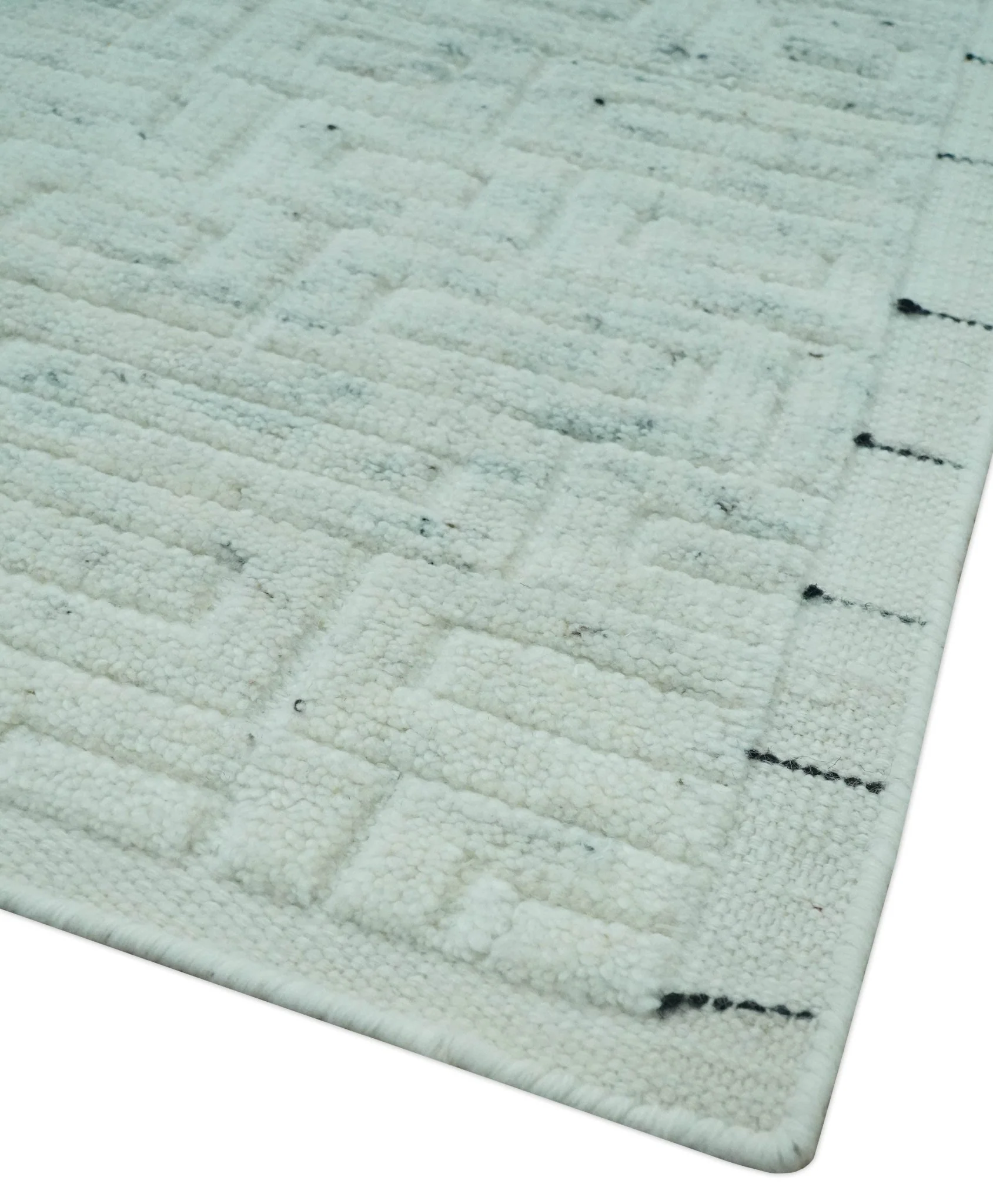 Carved Texture Modern Geometrical Bricks Design Ivory and Light Blue Hand Knotted 5x8 wool Area Rug - Image 5