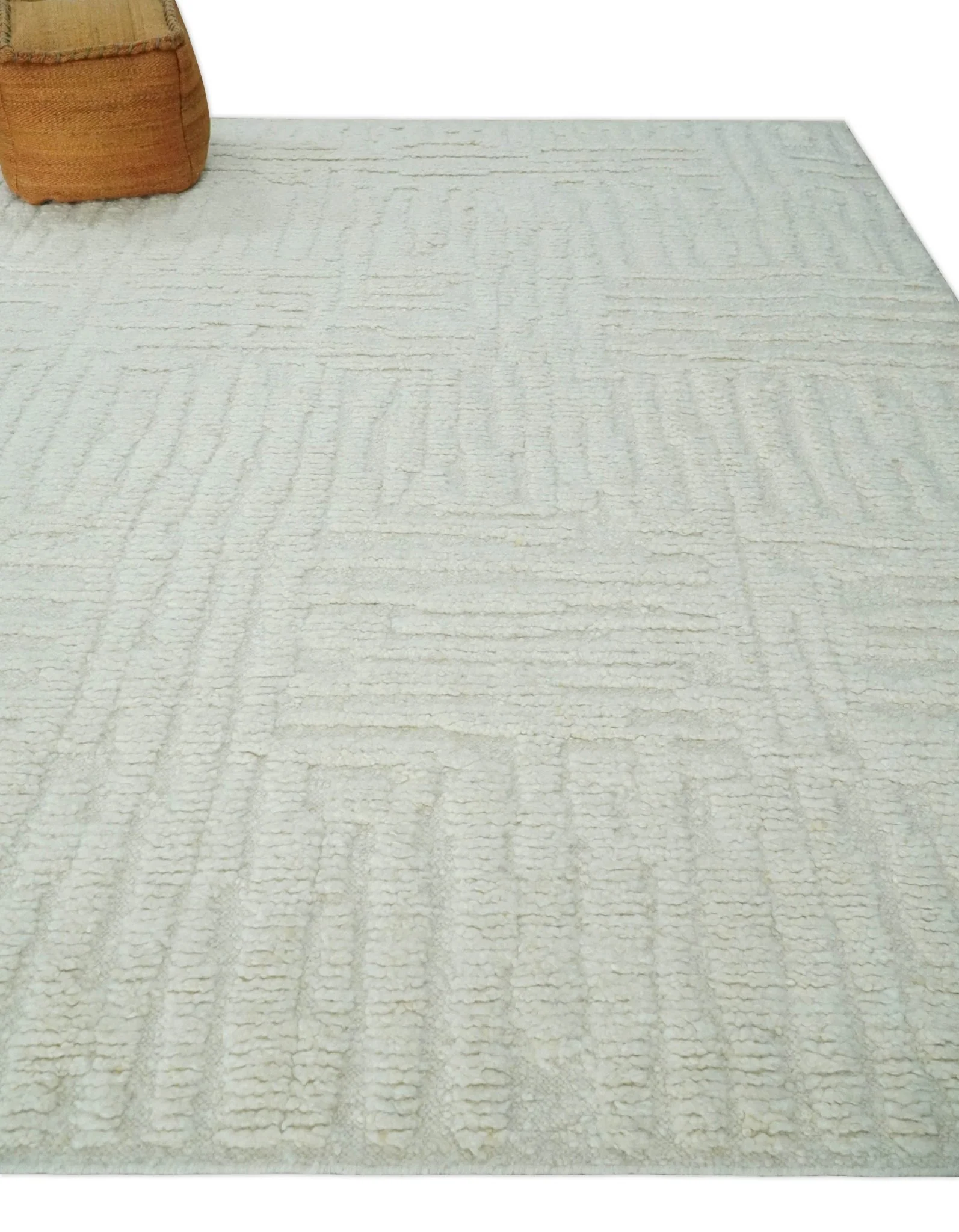 Contemporary High Low texture Hand knotted Ivory 8.6x9.10 wool Area Rug - Image 3