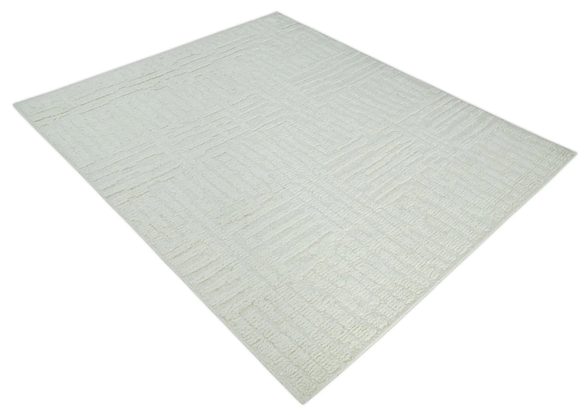 Contemporary High Low texture Hand knotted Ivory 8.6x9.10 wool Area Rug - Image 8