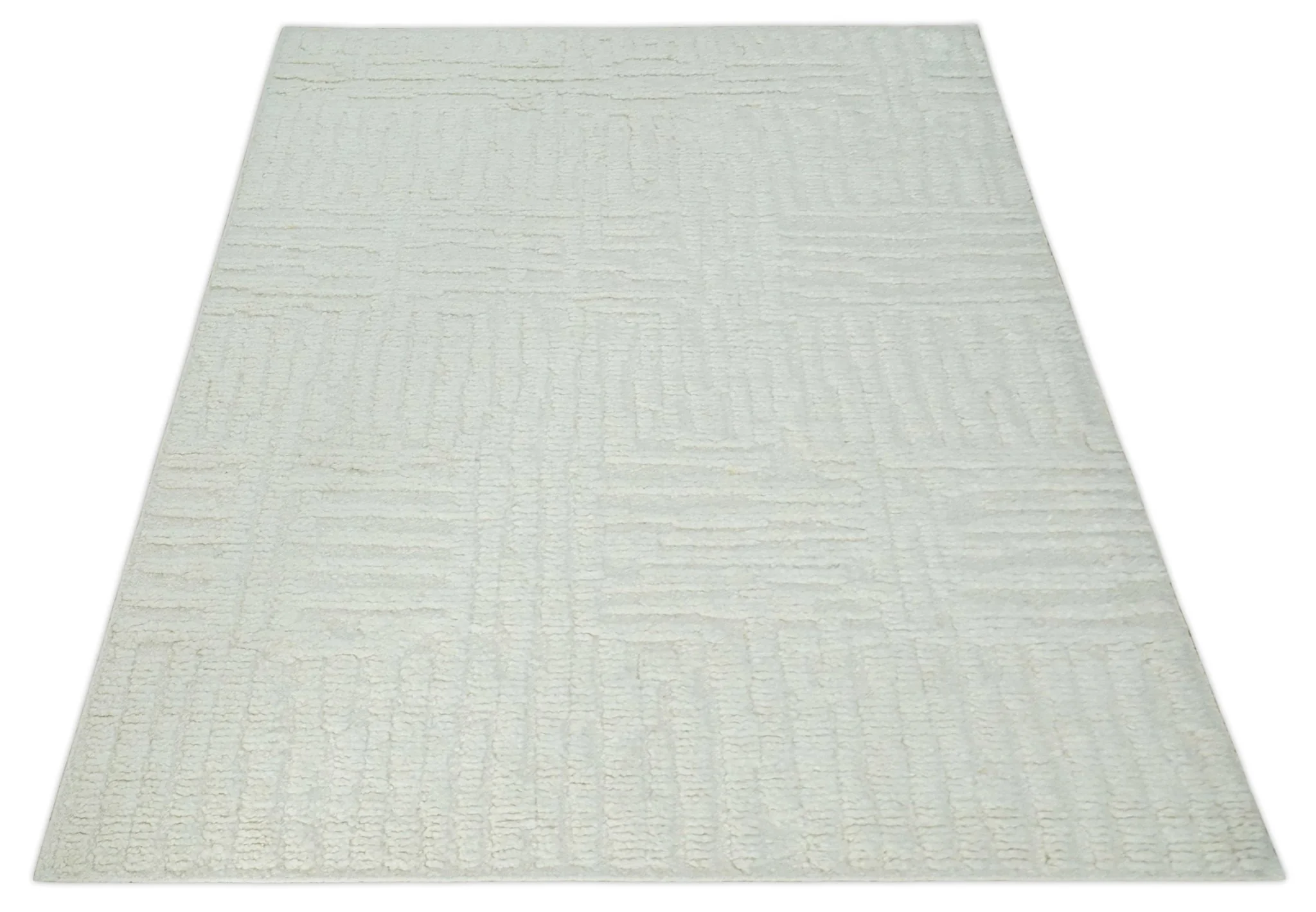 Contemporary High Low texture Hand knotted Ivory 8.6x9.10 wool Area Rug - Image 9