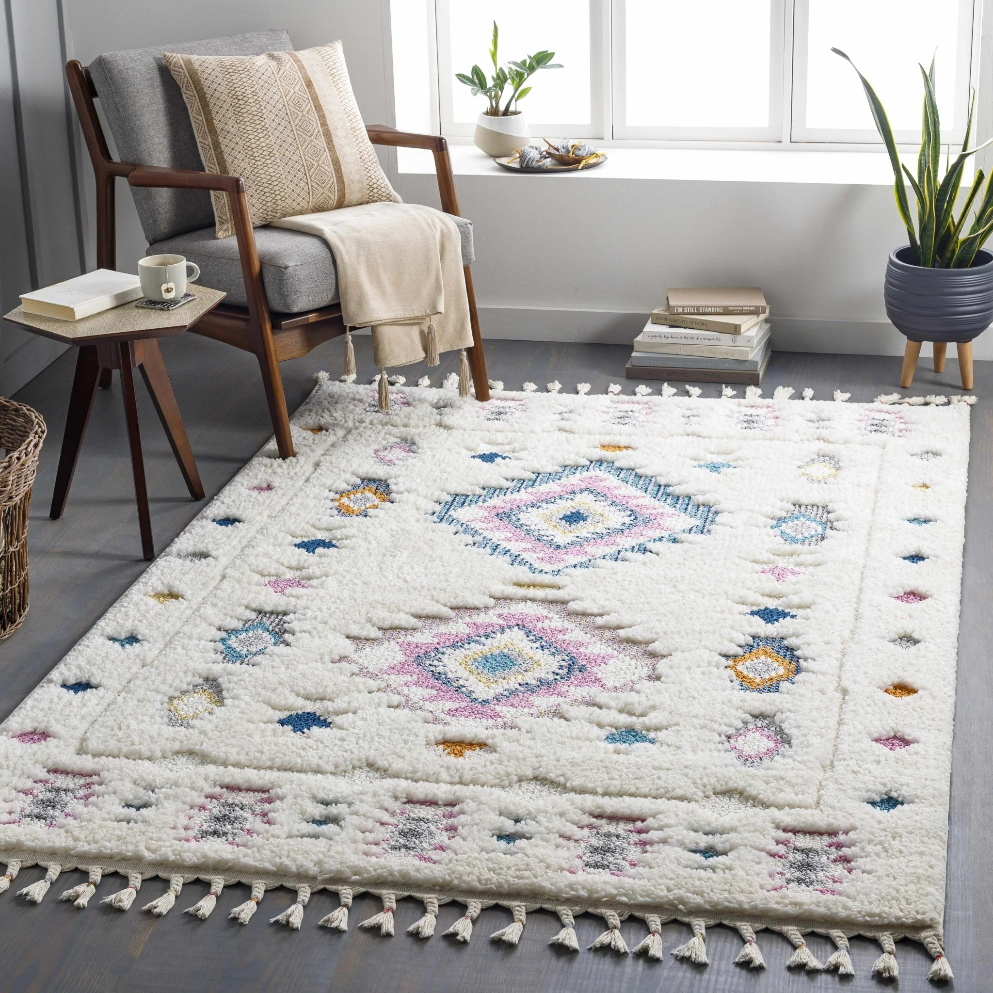 Textured Moroccan Style Ivory, Pink and Teal Traditional Design area rug - Image 2