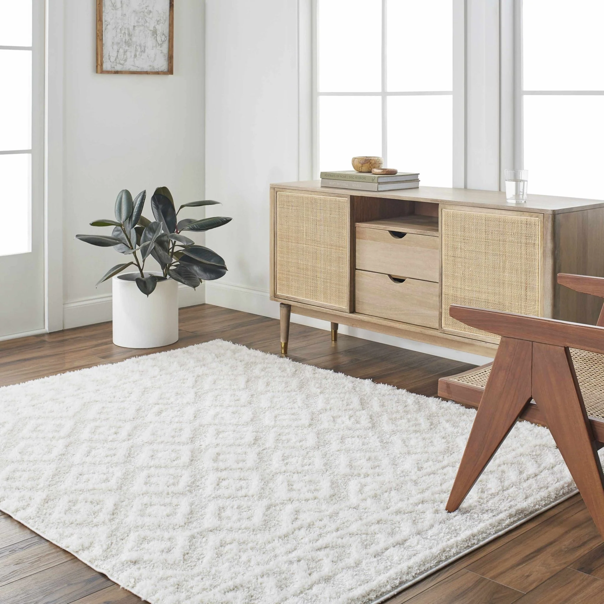 Modern Geometrical Texture Ivory Plush Pile Moroccan Style Area Rug - Image 11