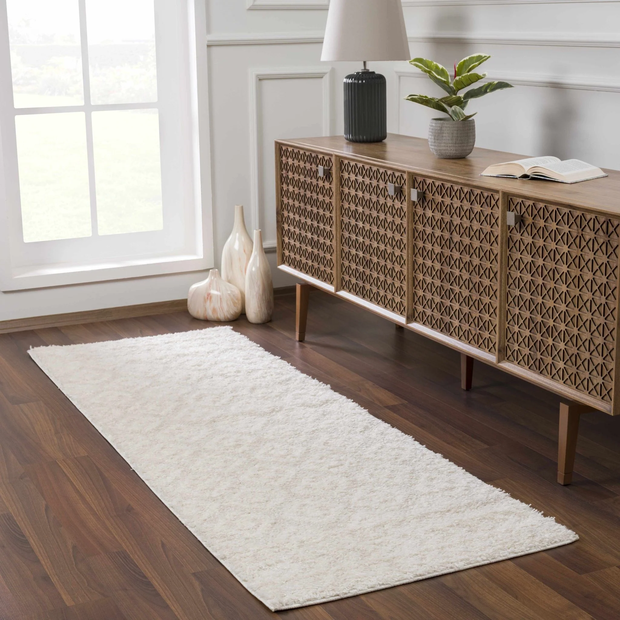 Modern Geometrical Texture Ivory Plush Pile Moroccan Style Area Rug - Image 4