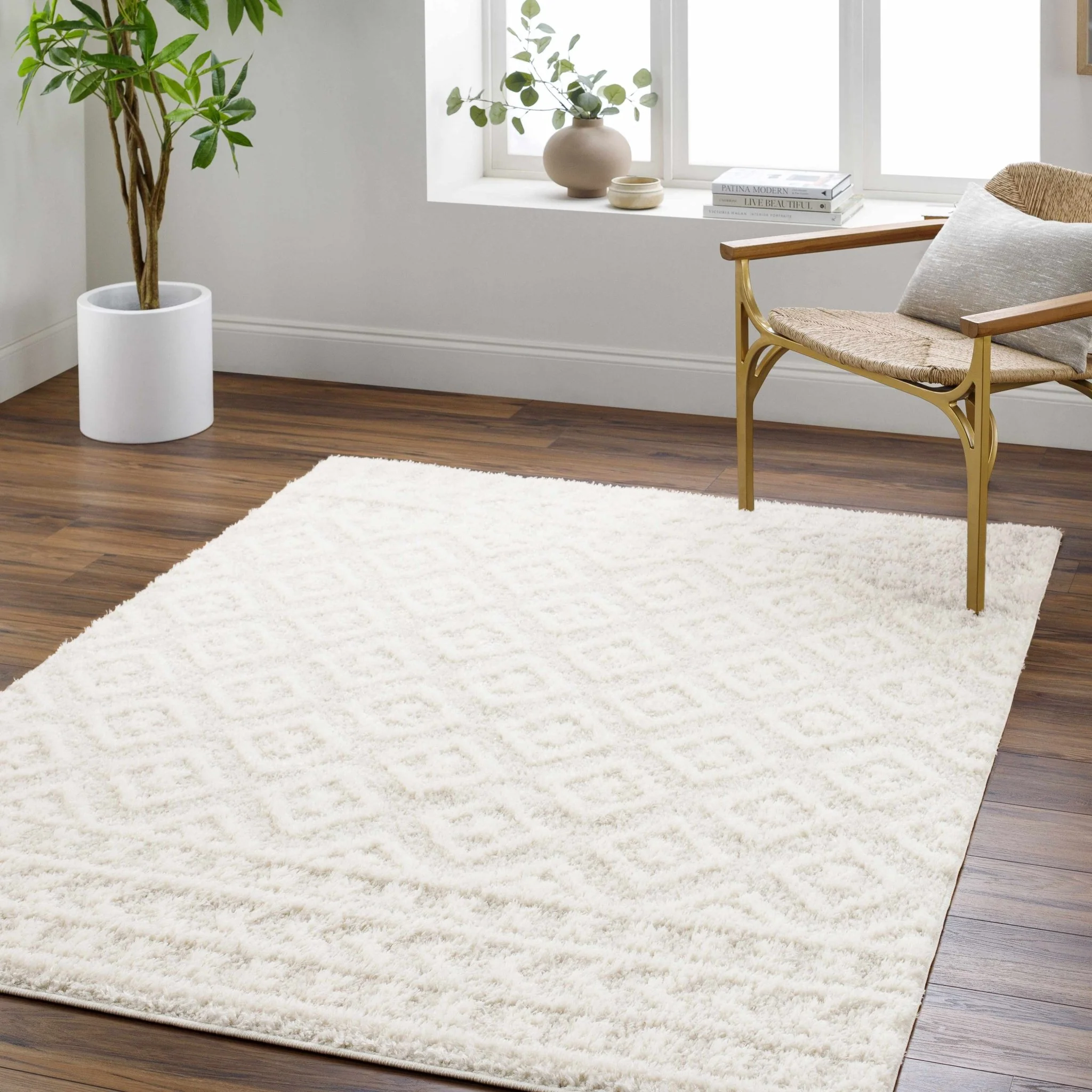 Modern Geometrical Texture Ivory Plush Pile Moroccan Style Area Rug - Image 9