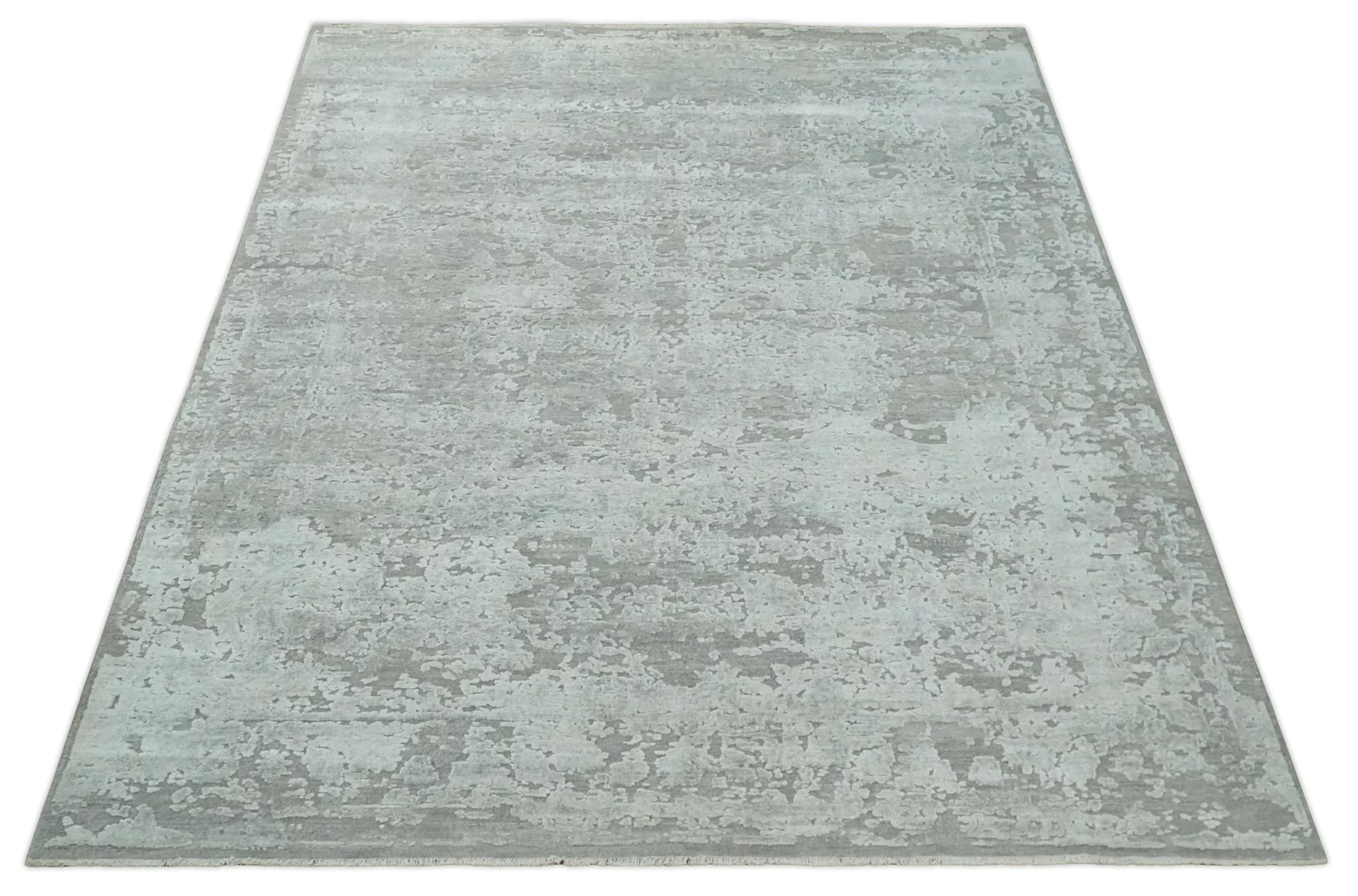 Hand Carved Texture Modern abstract Silver and Gray Hand Knotted 8x10 wool and Art Silk Area Rug - Image 10