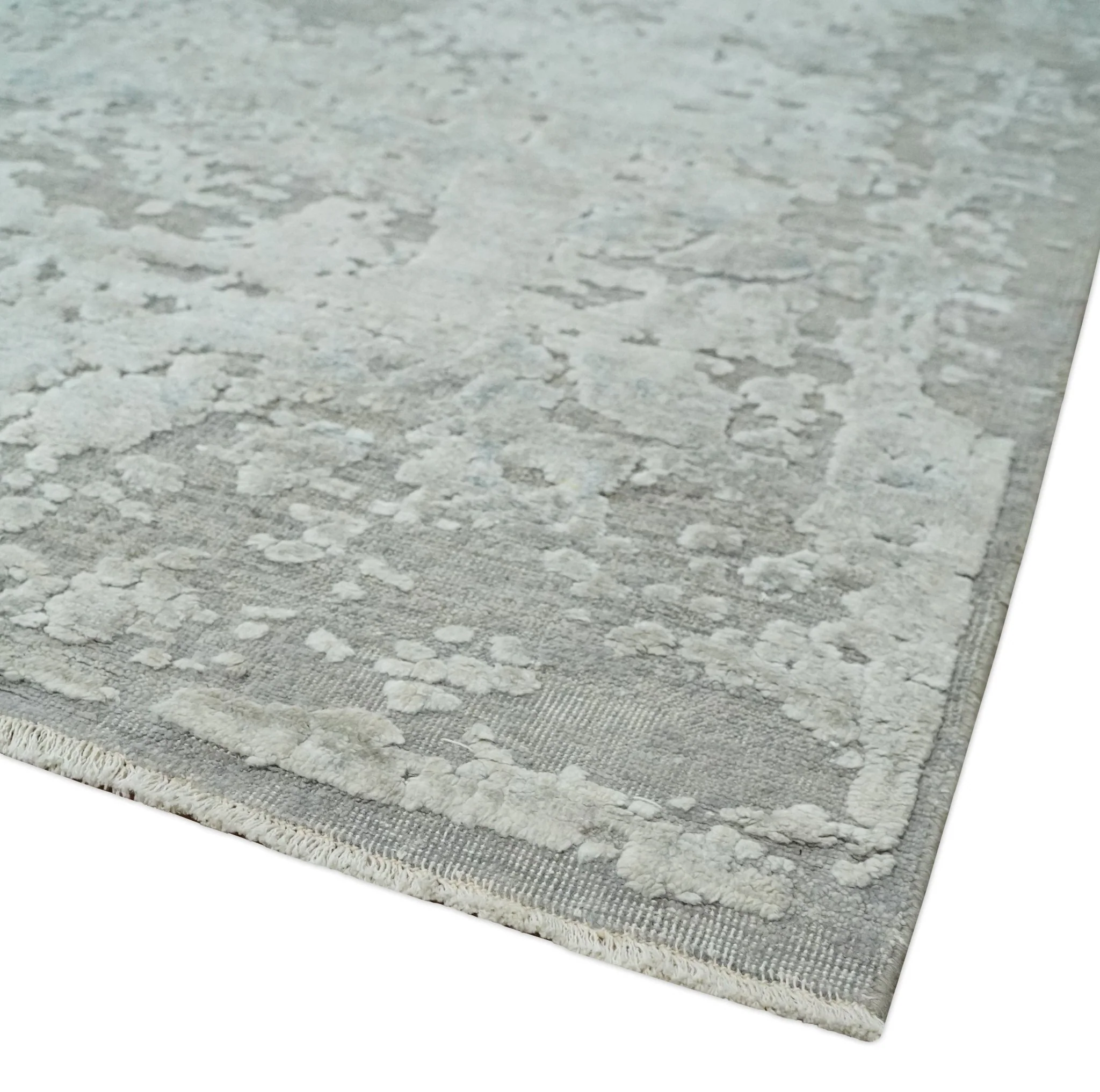 Hand Carved Texture Modern abstract Silver and Gray Hand Knotted 8x10 wool and Art Silk Area Rug - Image 5