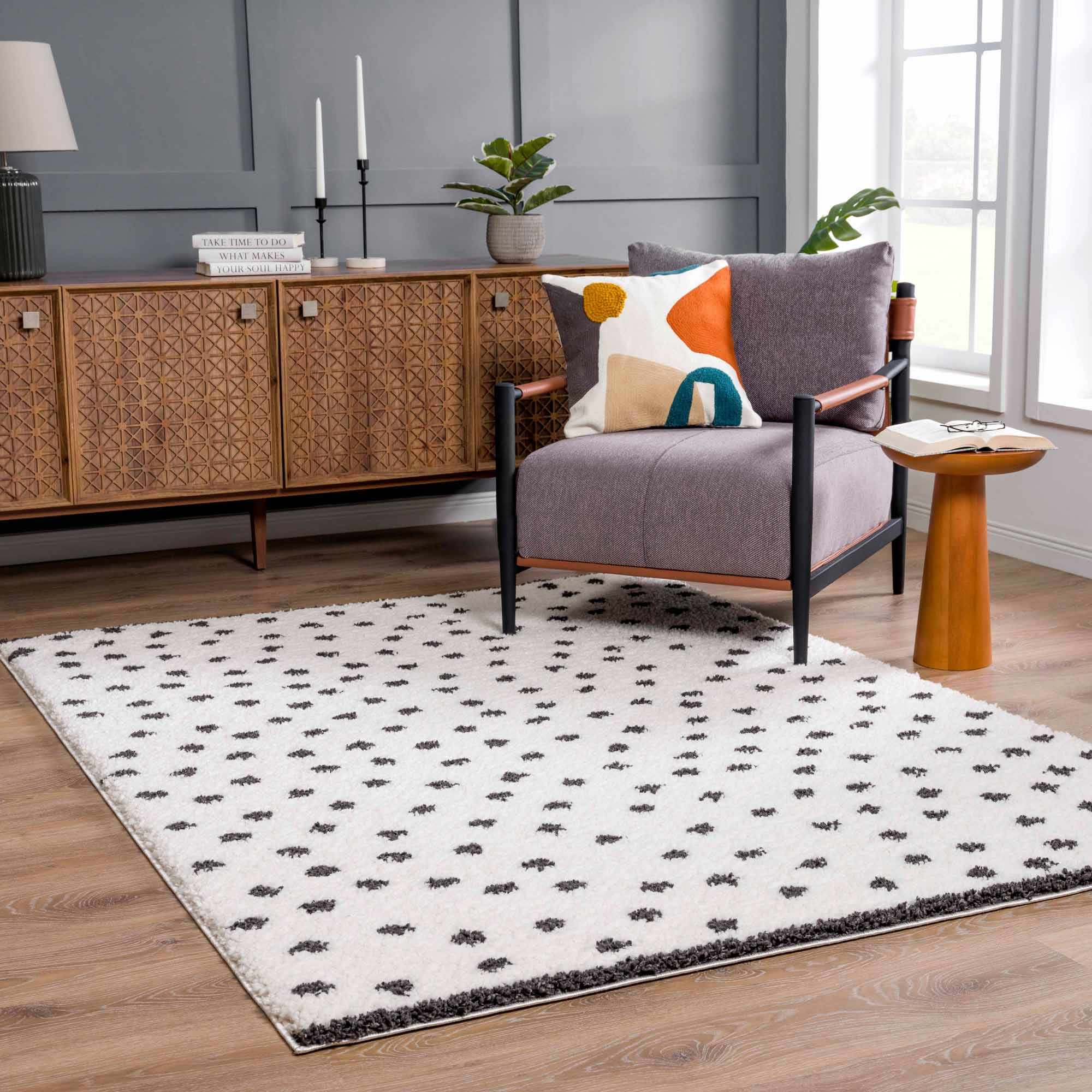 Contemporary Modern Chaia Dotted Black and Ivory Plush Pile Rug - Image 4