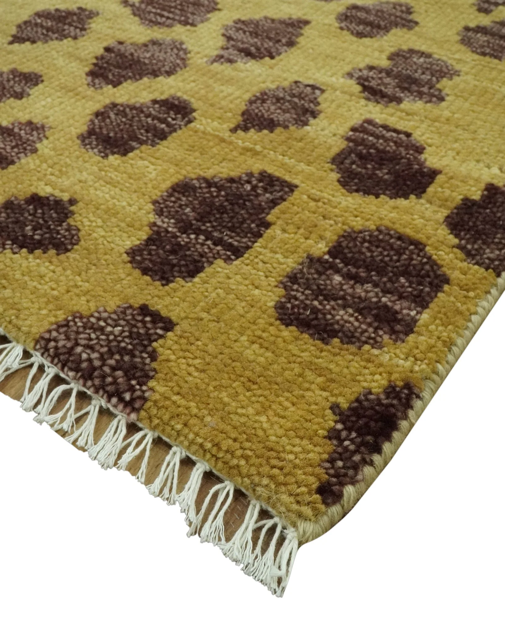 Leopard Design Mustard and Dark Plum Hand Knotted Custom Made wool area rug - Image 5
