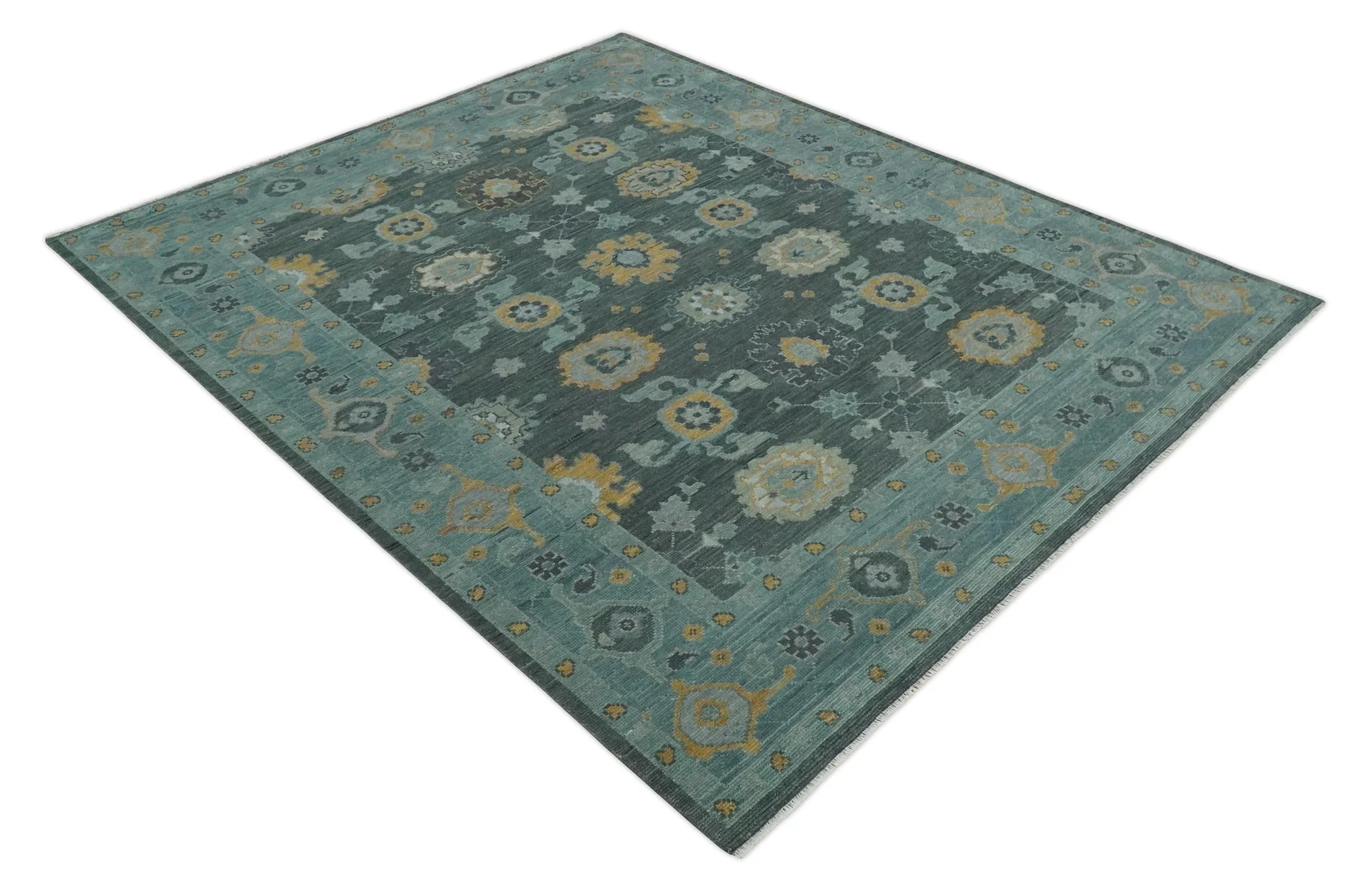 Hand Knotted Charcoal and Aqua Traditional Multi Size Oushak Wool Area Rug - Image 10