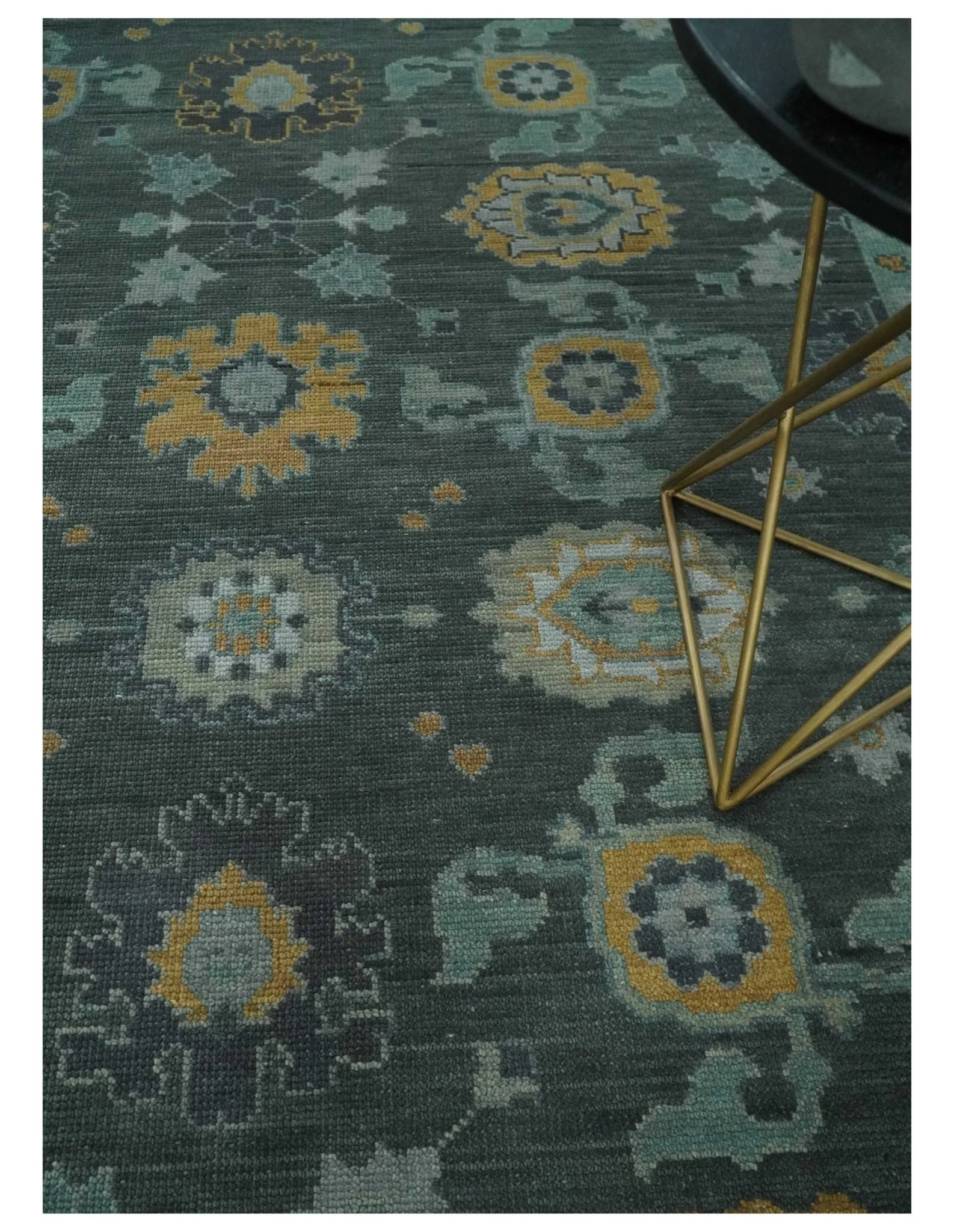 Hand Knotted Charcoal and Aqua Traditional Multi Size Oushak Wool Area Rug - Image 2