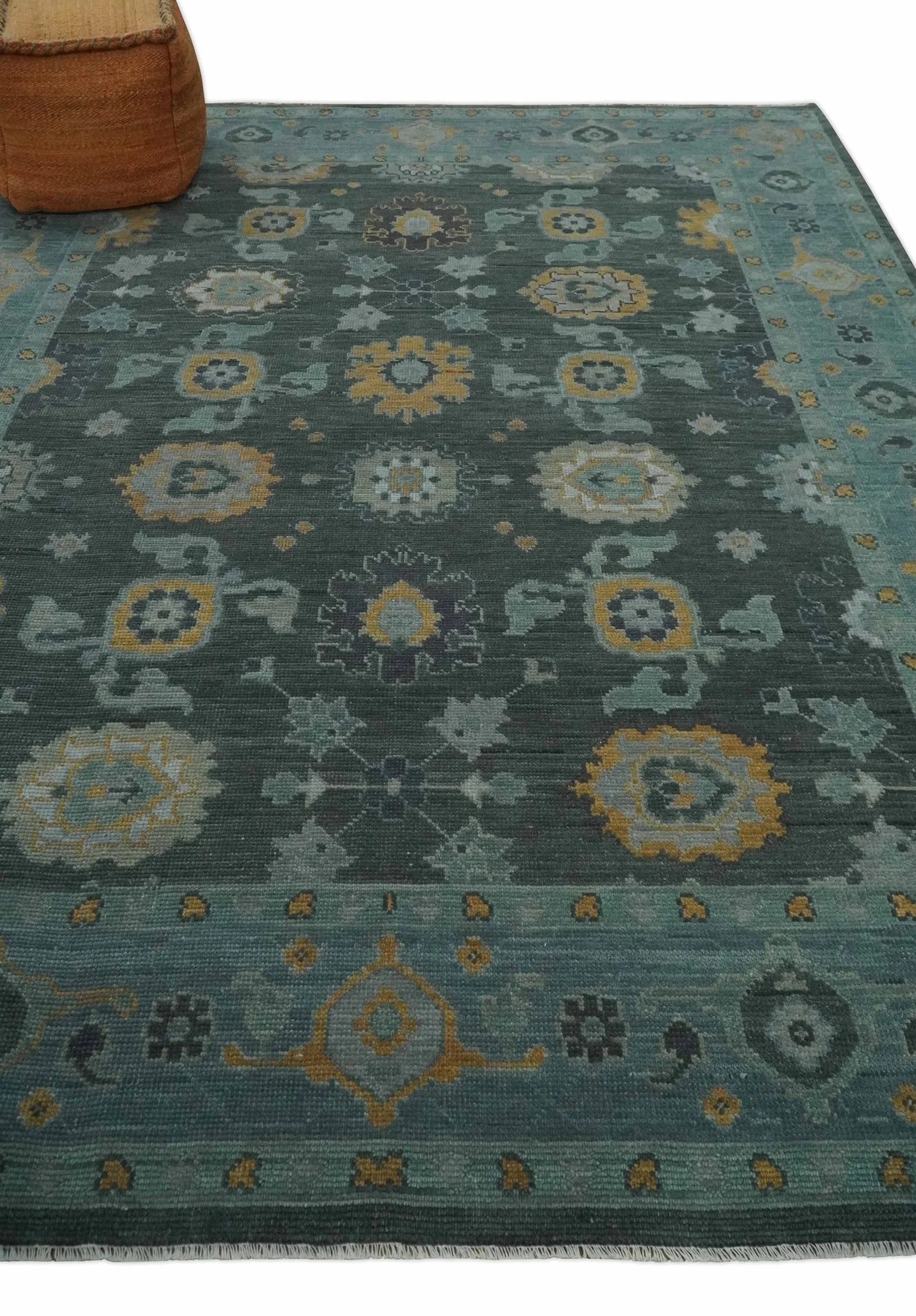 Hand Knotted Charcoal and Aqua Traditional Multi Size Oushak Wool Area Rug - Image 3
