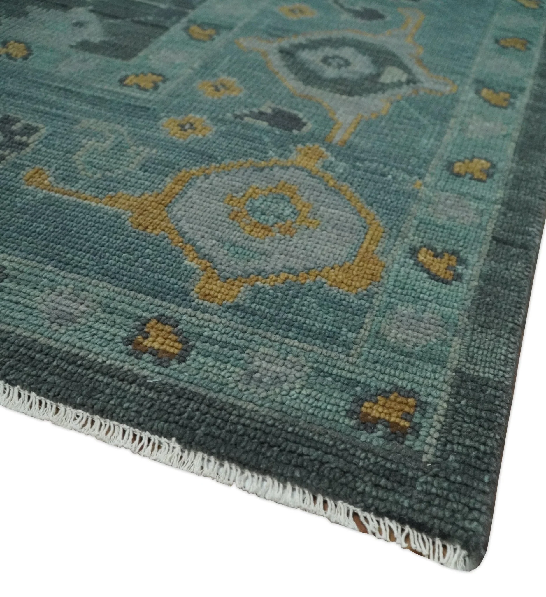 Hand Knotted Charcoal and Aqua Traditional Multi Size Oushak Wool Area Rug - Image 5