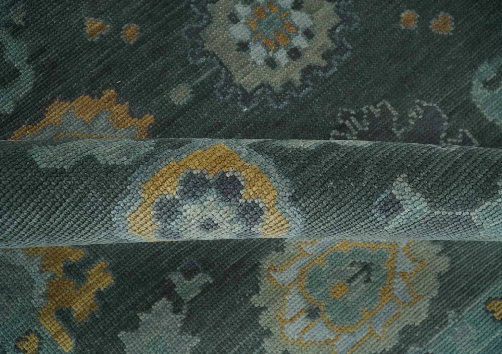 Hand Knotted Charcoal and Aqua Traditional Multi Size Oushak Wool Area Rug - Image 6