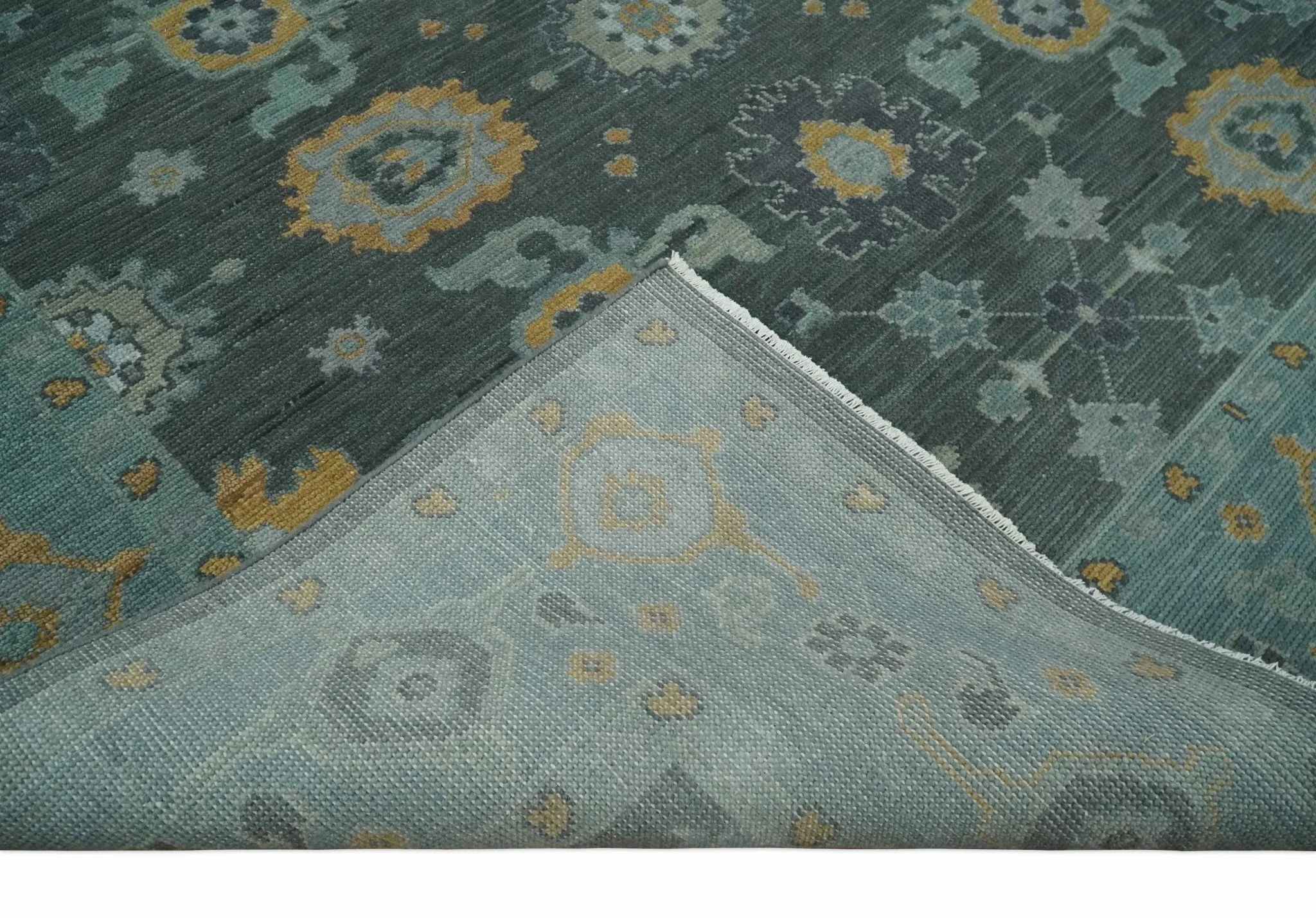 Hand Knotted Charcoal and Aqua Traditional Multi Size Oushak Wool Area Rug - Image 8