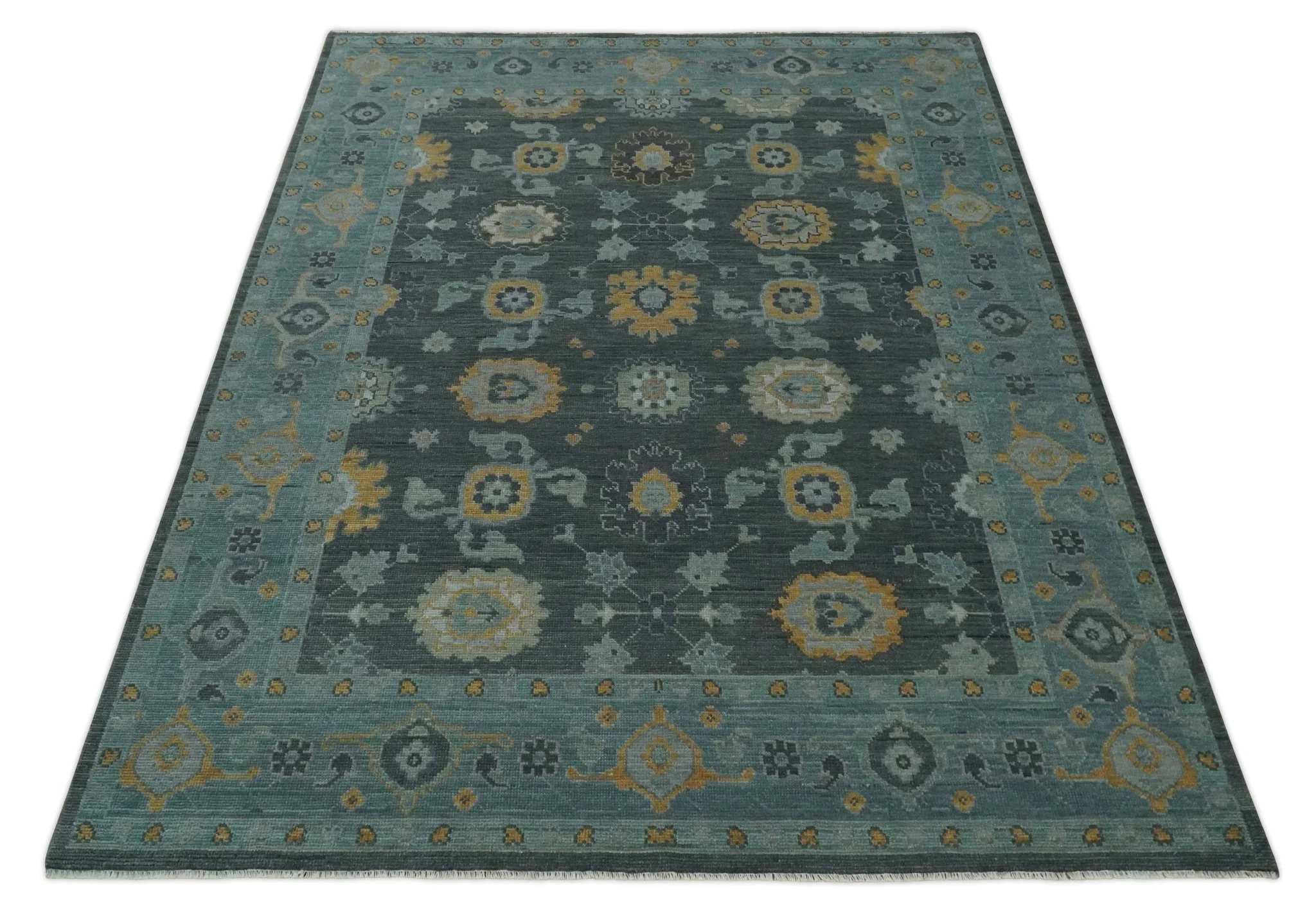 Hand Knotted Charcoal and Aqua Traditional Multi Size Oushak Wool Area Rug - Image 9