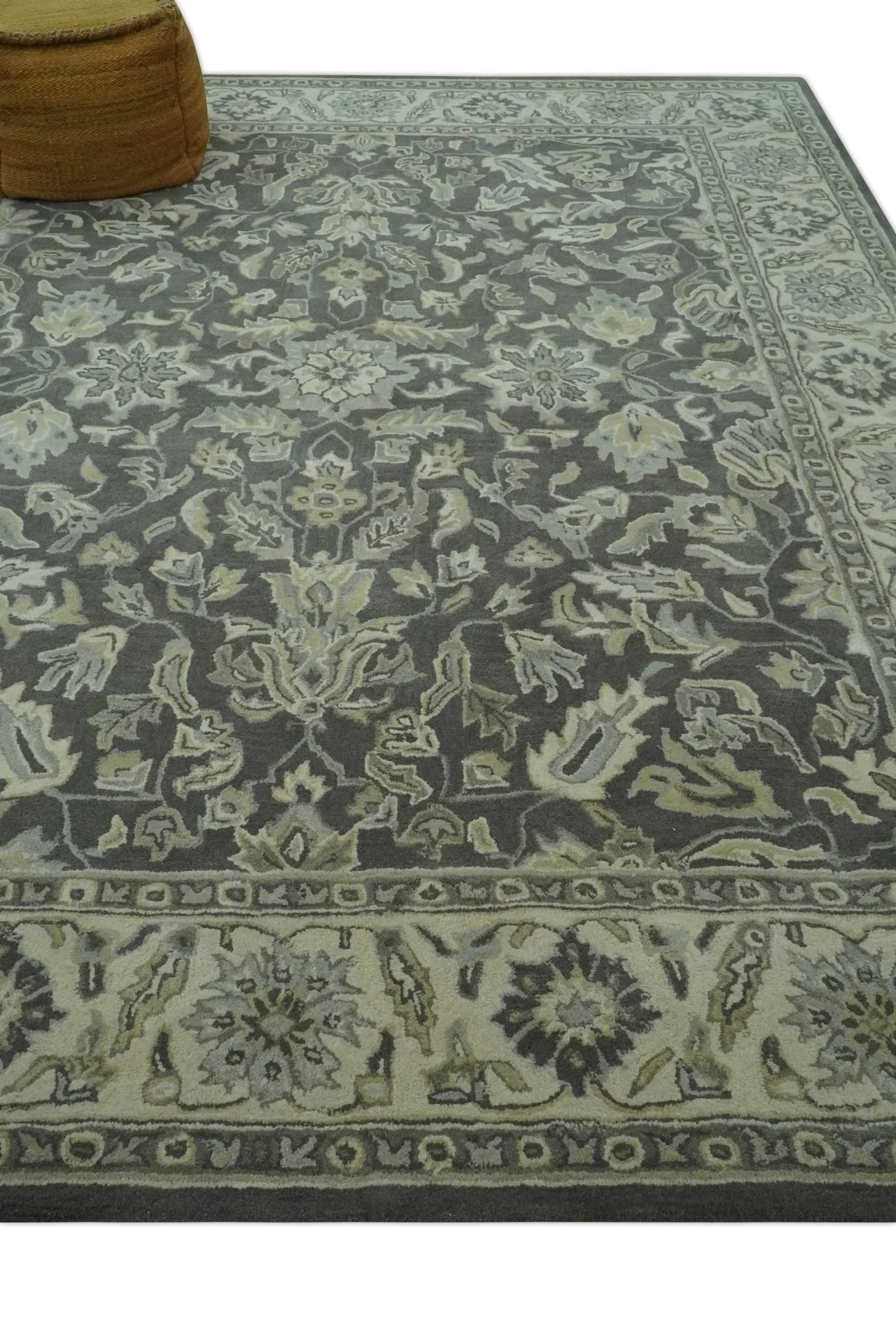 Custom Made Antique Design Charcoal and Beige Traditional Floral Hand Tufted rug - Image 3