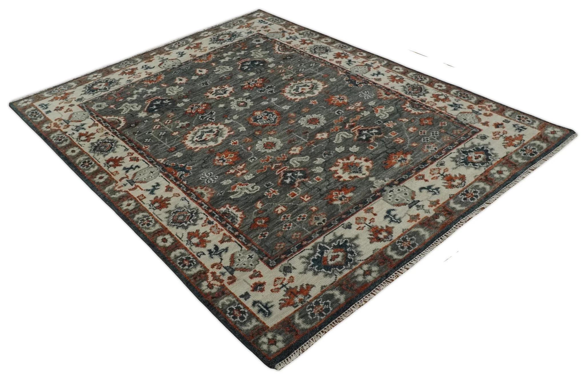 Charcoal and Ivory Hand Knotted Traditional Oushak Custom Made Wool Area Rug - Image 10