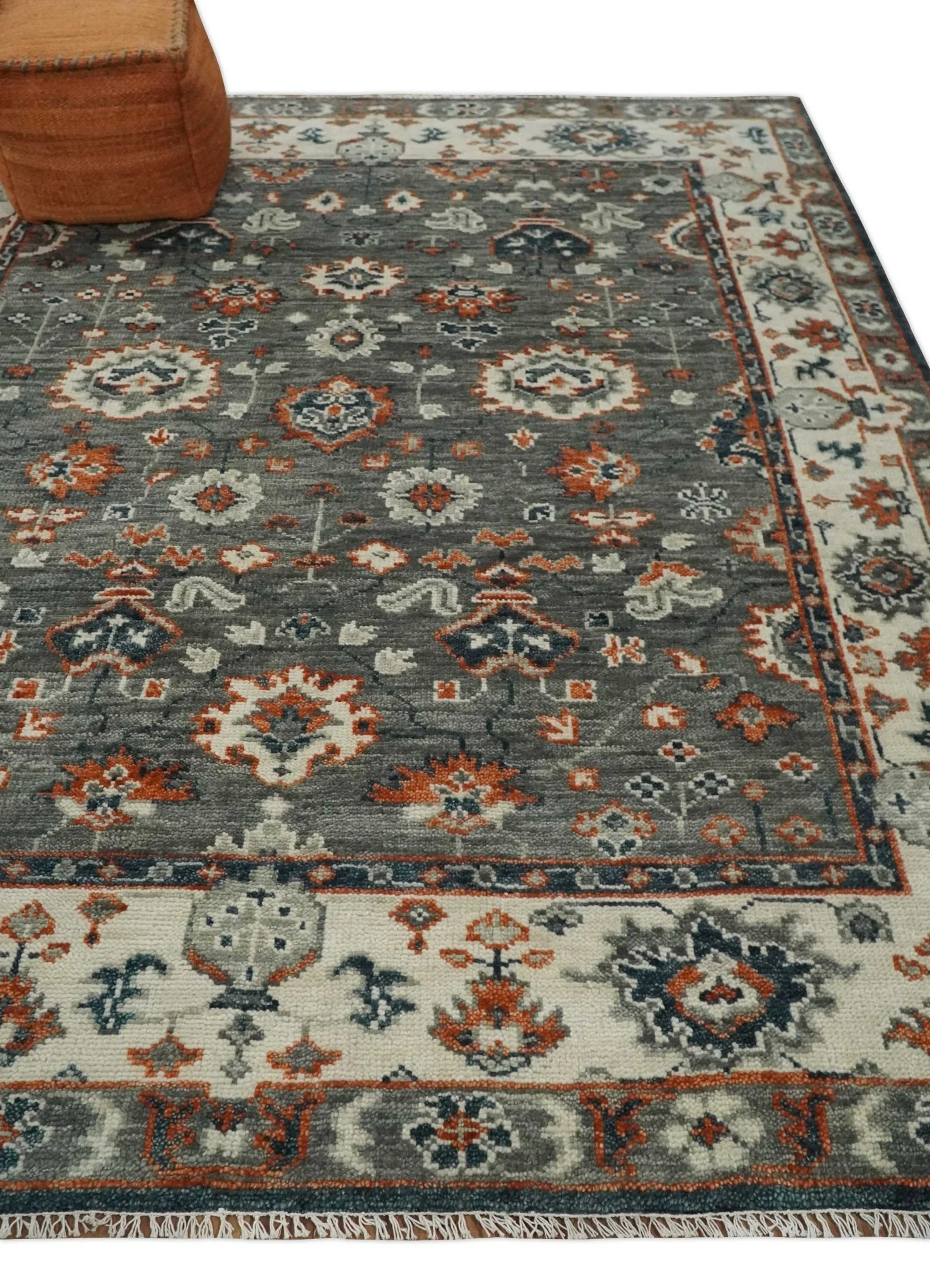 Charcoal and Ivory Hand Knotted Traditional Oushak Custom Made Wool Area Rug - Image 3