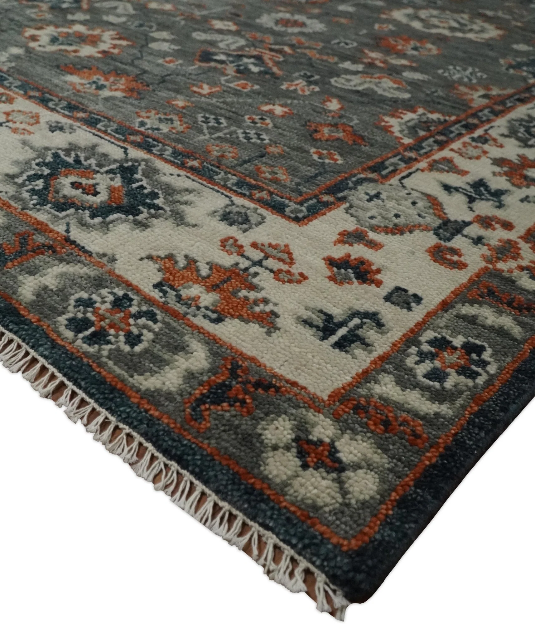 Charcoal and Ivory Hand Knotted Traditional Oushak Custom Made Wool Area Rug - Image 5
