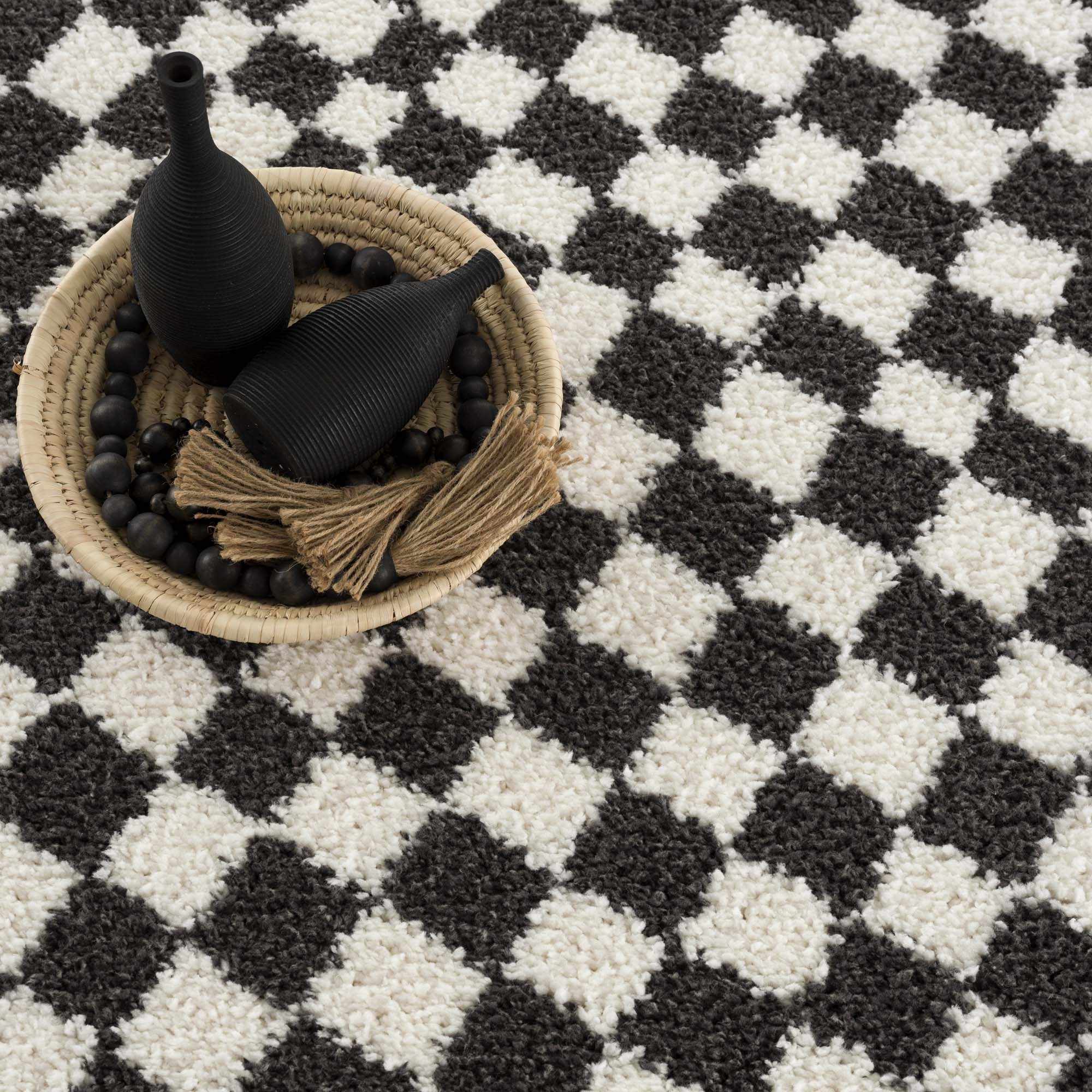 Modern Geometrical Charcoal and Ivory Checkered Plush Pile Moroccan Style Area Rug - Image 11